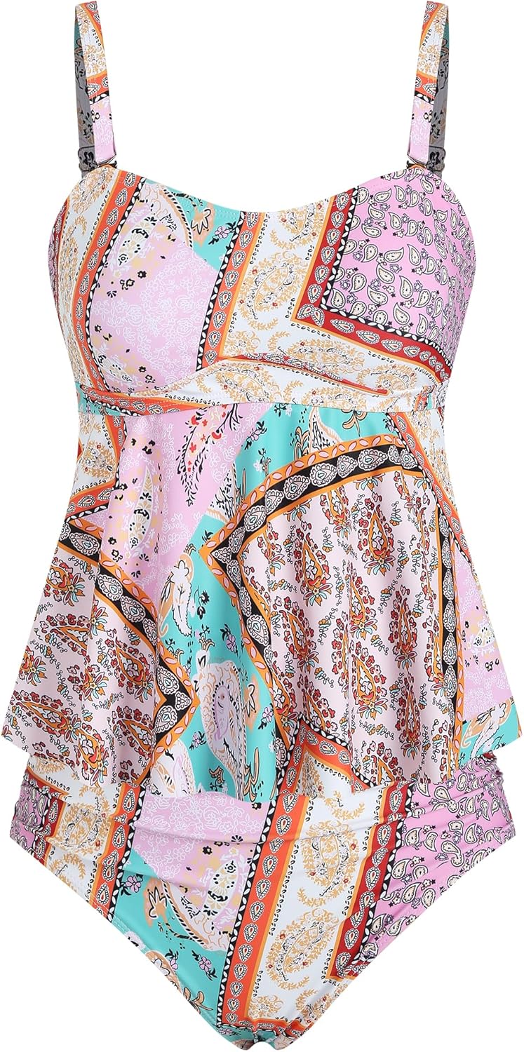 ZAFUL Tankini Swimsuits for Women Two Piece Bathing Suit Ruffle Push Up Tank Top Ruched Tummy Control Swimwear