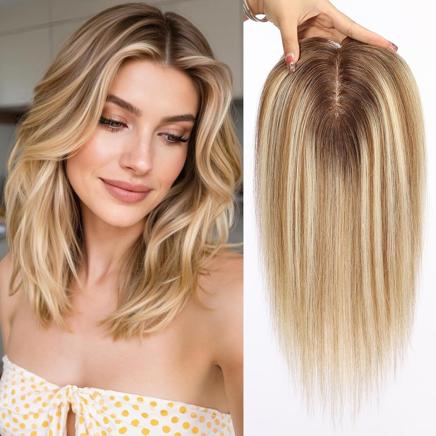 HAIRCUBE Hair Toppers For Women With Thinning 5"*5" Large Base Real Hair Toppers For Women, 14 Inch For Hand-Woven, 60g, Silk, Natural, realistic, Use Daily, Hairloss, Blonde Mixed Brown, No Bangs
