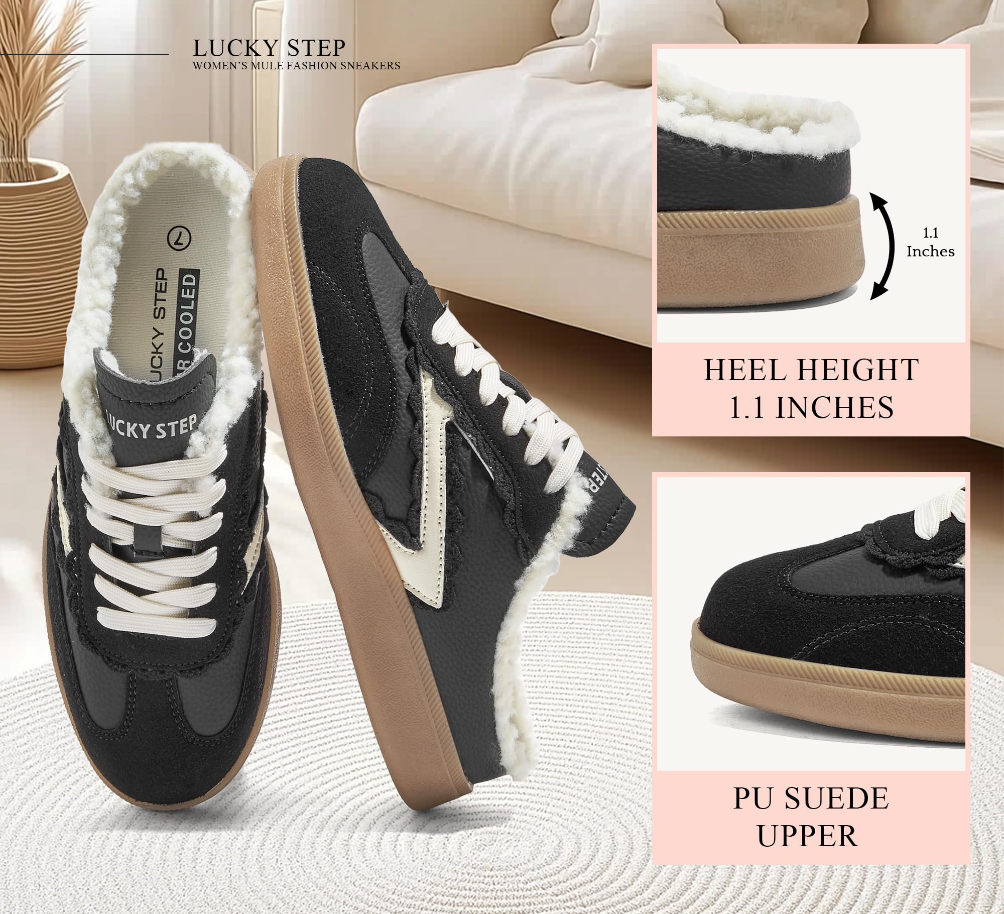 LUCKY STEP Mule Donna Senza Tacco, Sneakers Comode da Slip-On, Stile retrò e Casual per l'inverno