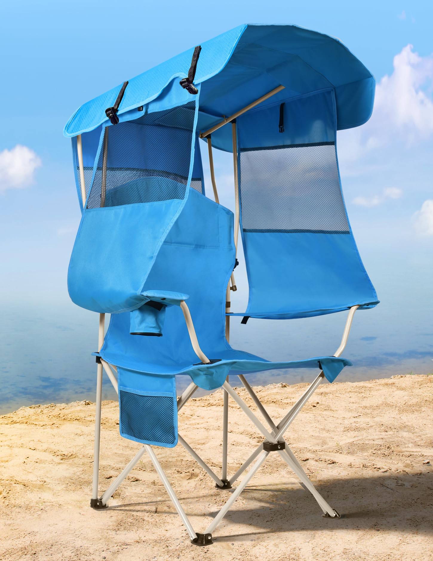 Chaise Pliante Avec Auvent Docusvect – Pour Plage, Camping, Pêche – Supporte 150 Kg, Porte-gobelet, Poche Latérale, Stores Latéraux