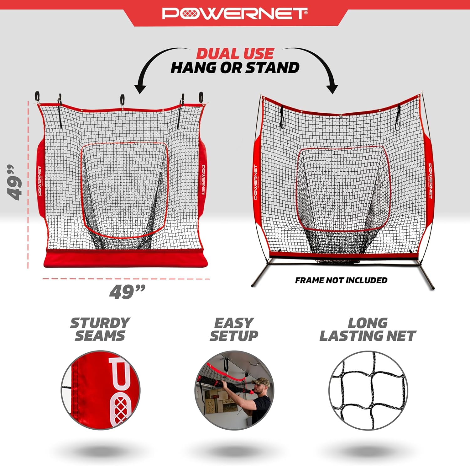 PowerNet Hanging Dual Use Practice Net for Baseball & Softball Training, Hang on Garage or Connect to 7x7 PowerNet Frame, Backstop Screen for Hitting & Pitching (Net Only)