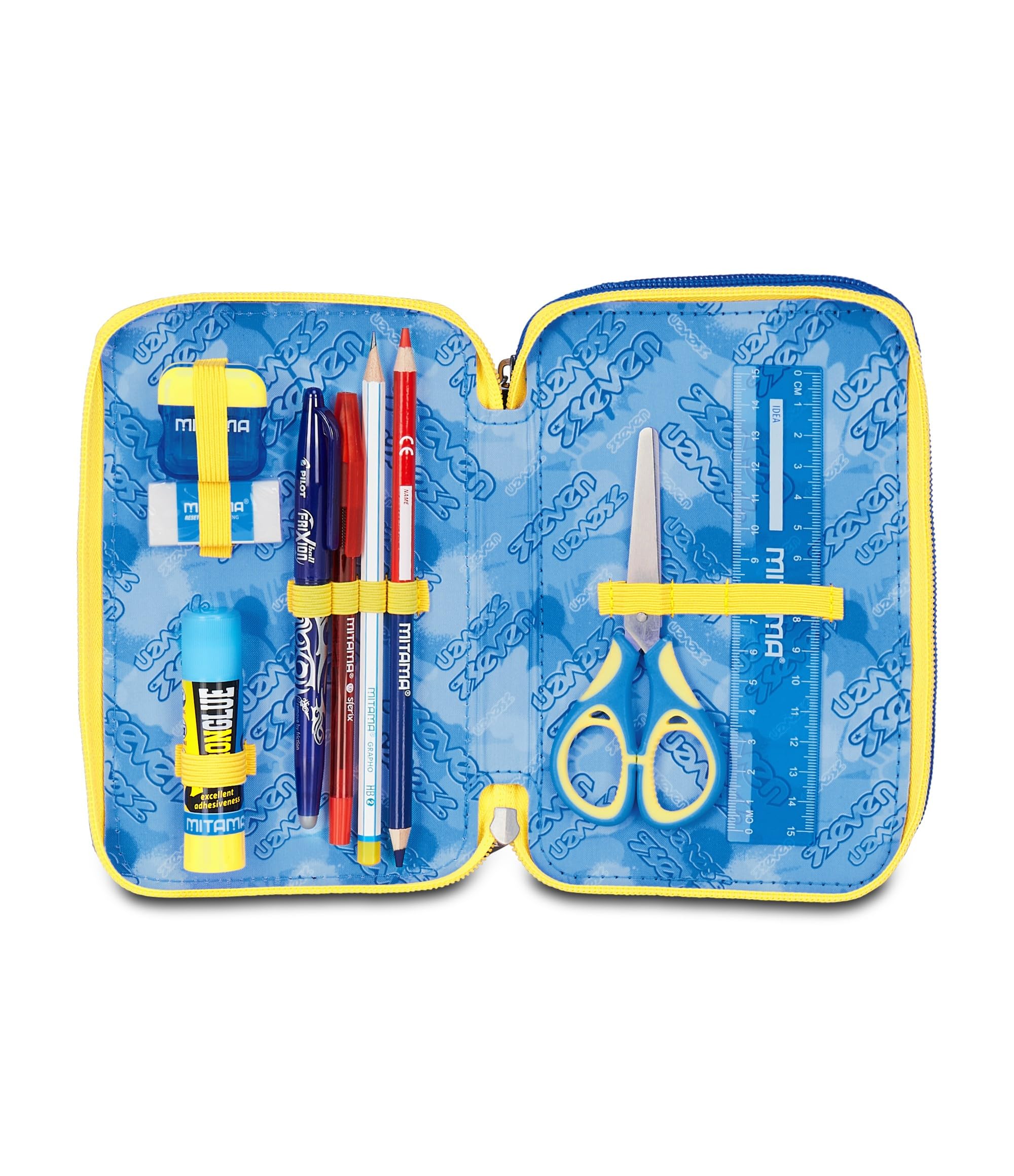 Seven Astuccio Scuola 3 Zip, Blu Giallo, Portapenne Triplo Scomparto Completo Di Penne, Matite, Colori, Accessori Zaino, Scuola Elementare, Bambino