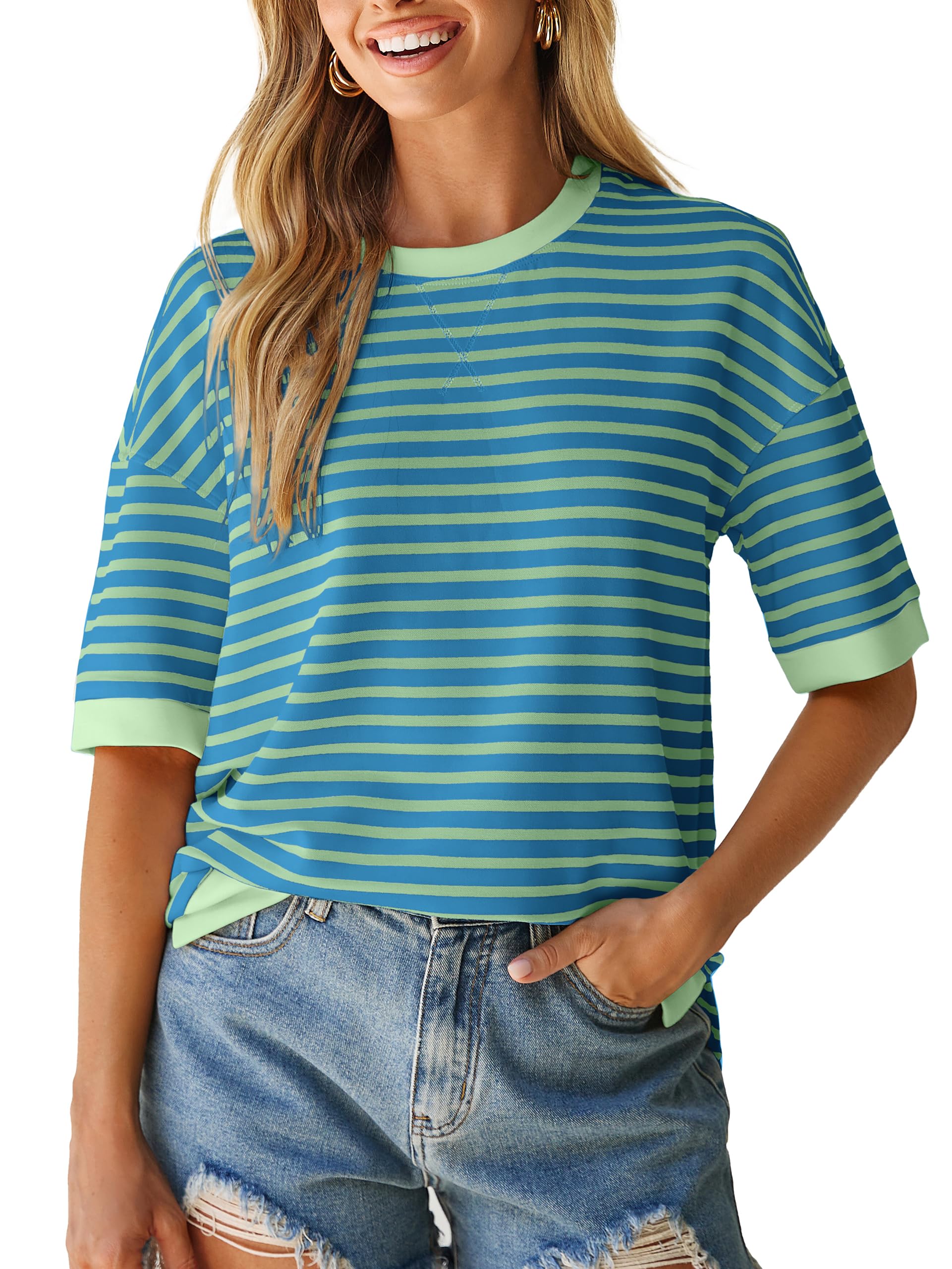 Short Sleeve Lightweight Sweatshirt For Women Crewneck Striped Shirt Pullover Tops Loose Blouses-image-31