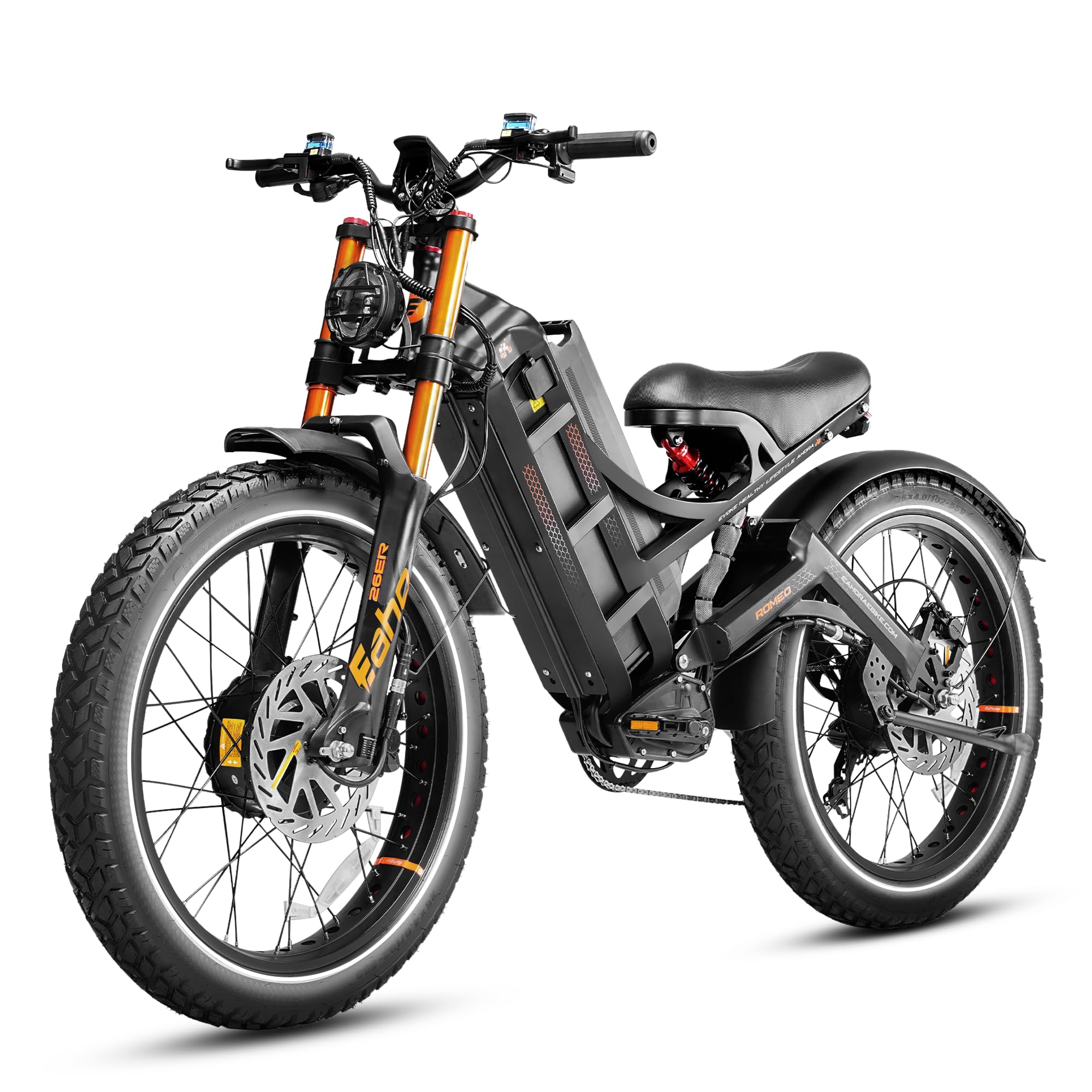 eAhora Romeo Pro 3 Peak 5600W Electric Bike for Adults 50Mph, 60V 80Ah Battery 250 Miles,Long Range Dual Motors Ebike,26"*4.0 Fat Tire Full Suspension,UL 2849