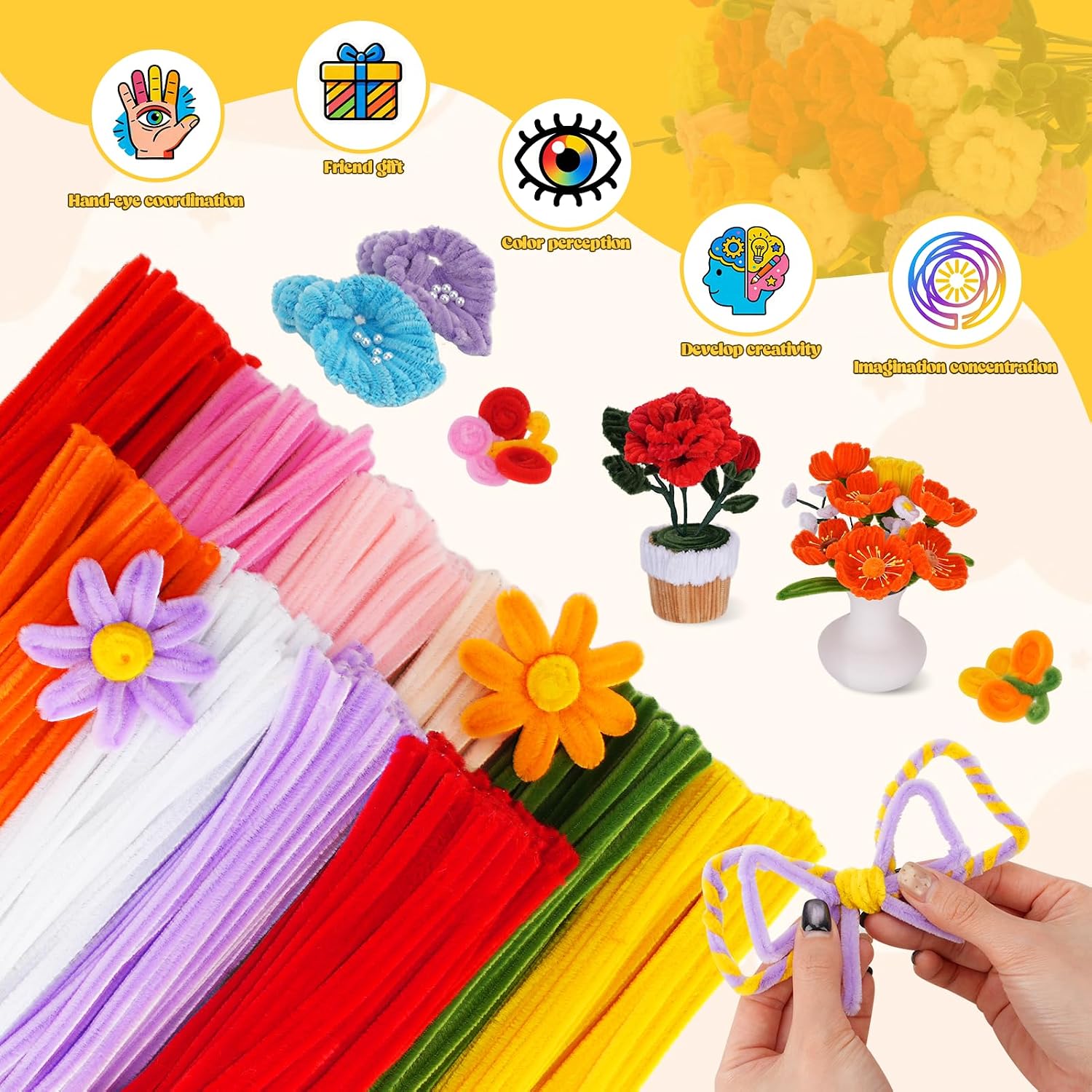 1000PCS Pipe Cleaners Flower Kit, Pipe Cleaner Bulk Craft Flower Making Kit with Instruction, 10 Colors Thick Chenille Stems for Arts DIY Craft Supplies with Gardening Tape, Floral Wires, Stamen image 4