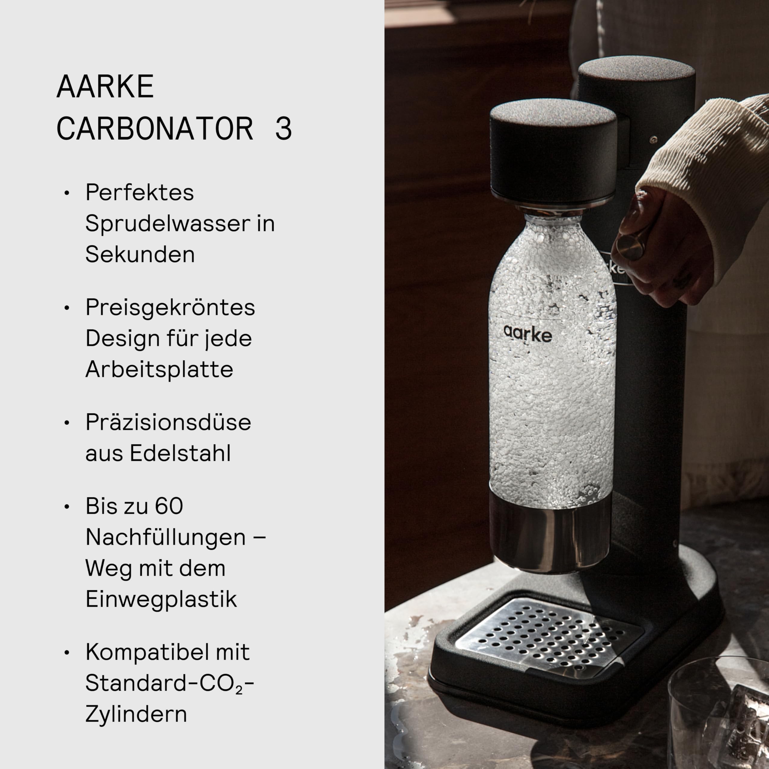 Aarke Carbonator 3, köpüklü su yapıcı, paslanmaz çelik, mat siyah