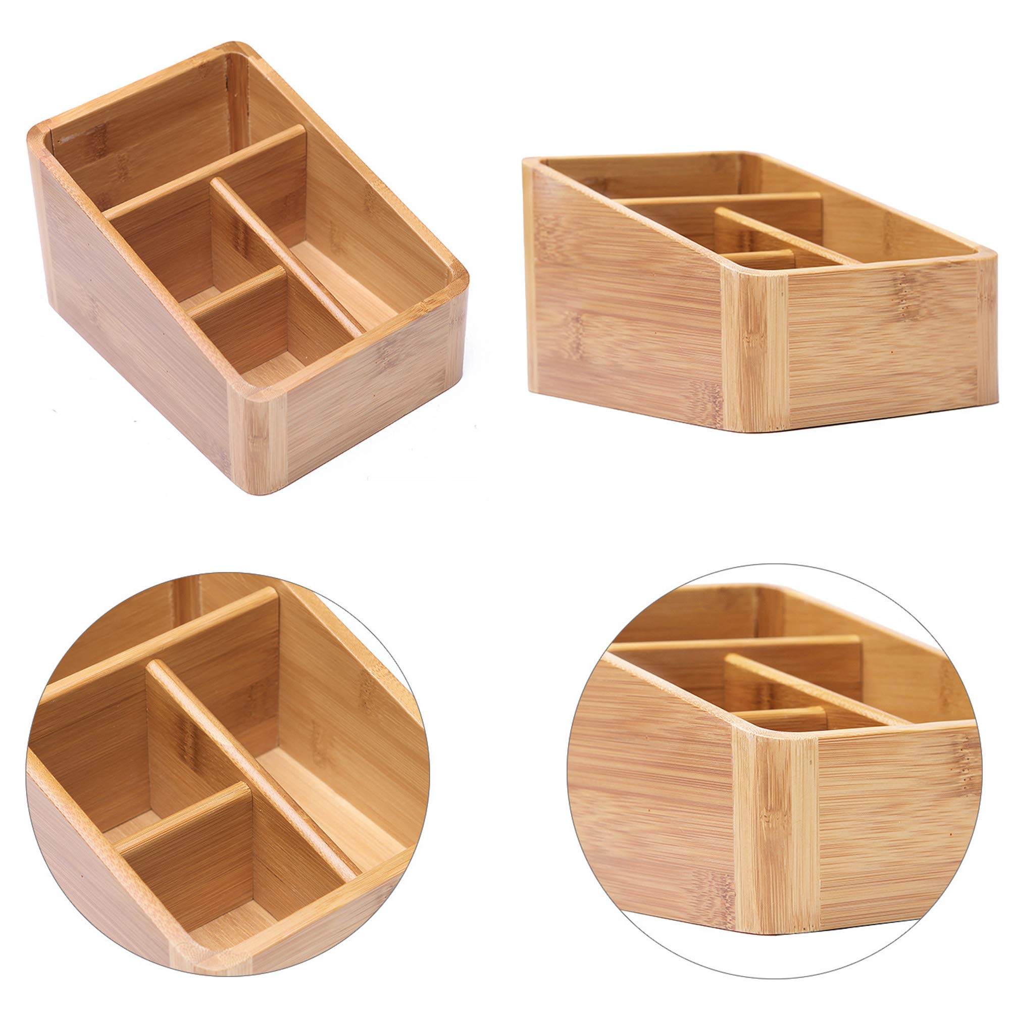 Boîte de rangement de bureau, 4 Compartiments en Bambou Multi-Fonctionnels Organisateur Télécommande TV Home Articles divers, Rangement en bois boîte de Cosmétique #3