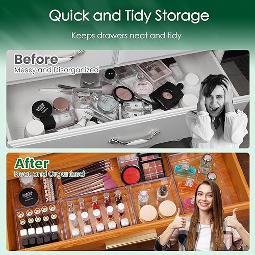 Miniatura 7 de Juego de organizador de cajones de plástico transparente, bandeja de almacenamiento de cajones de cocina antideslizante de acrílico, divisor de gran