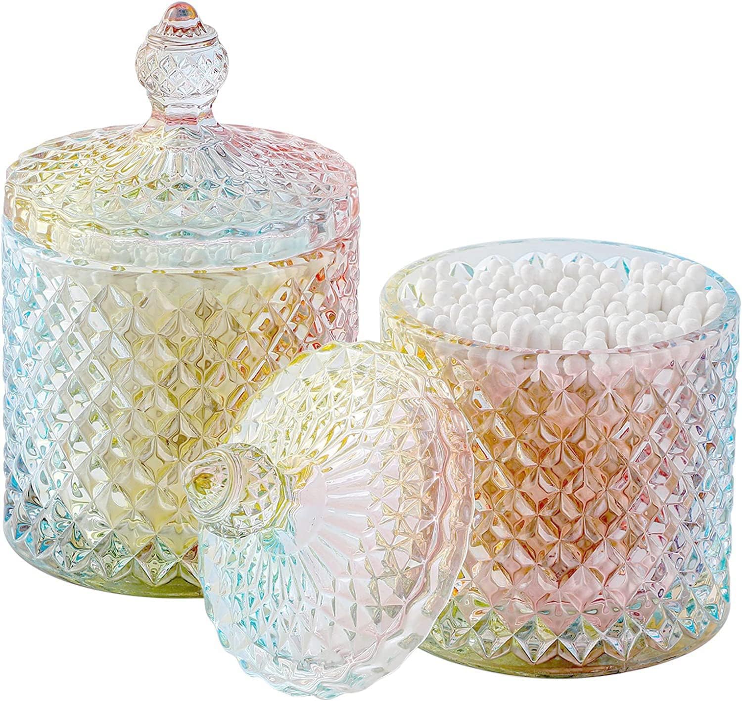 rejomiik Qtip Holder Glass Apothecary Jars with Lid Bathroom Accessories Vanity Organizers and Makeup Storage for Cotton Swabs, Makeup Sponges, Bath Salts, Canister Dispenser, 2 Pack Rainbow — image 1