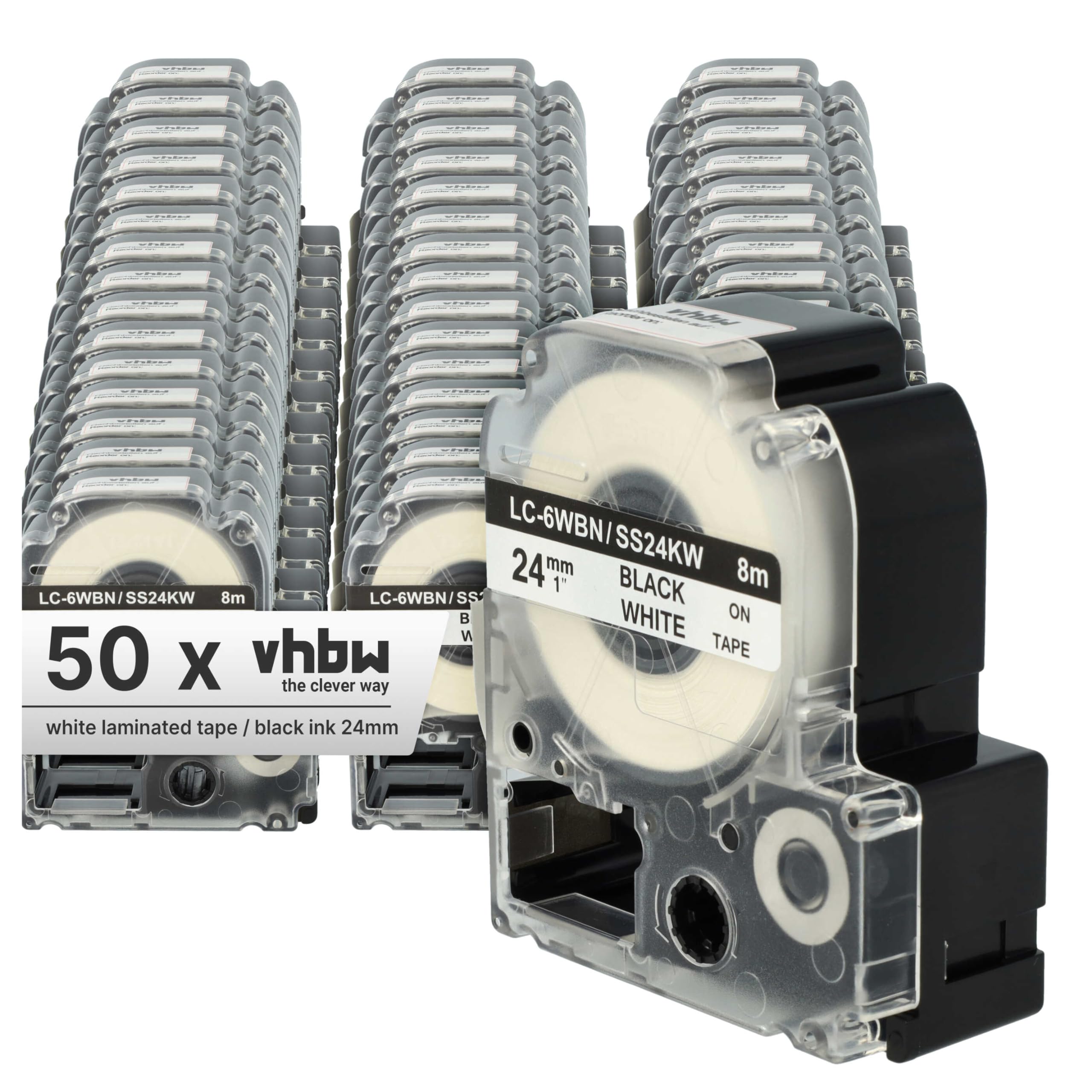 vhbw 50 x zamiennik taśmy do drukarki etykiet Epson LC-6WBN do drukarki etykiet 24 mm, czarny na białym tle