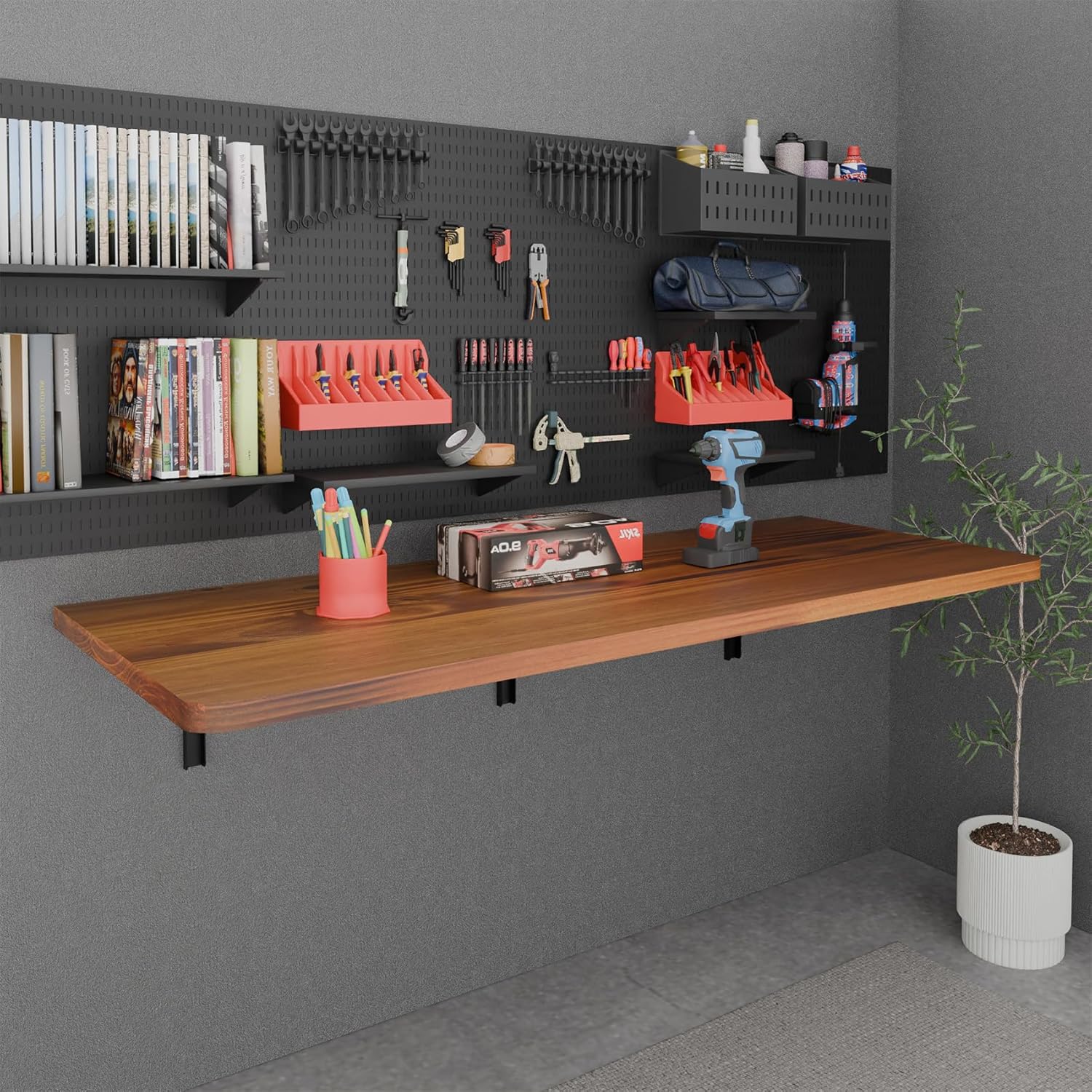 IAE Floating Wall Mounted Folding Table Desk with Pine Wood,55 x 22 Foldable Workbench,Fold Down Wall Mounted Foldable Desk with Shelf Brackets,Laundry Folding Table for Home,Dining,Kitchen,Teak
