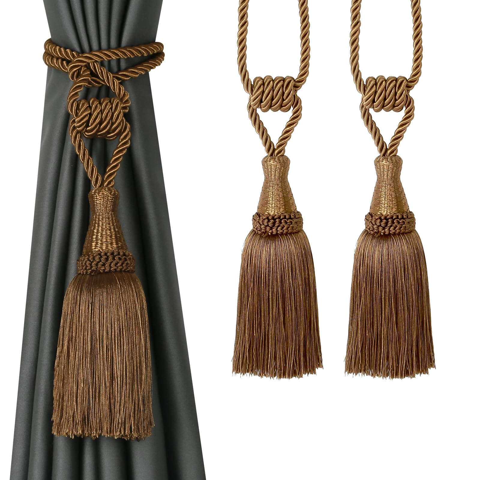Tassel Curtain Tiebacks， Braided Rope Curtain Tiebacks With Tassels Multicolor 2/4 Packs(Coffee,2 Pack)