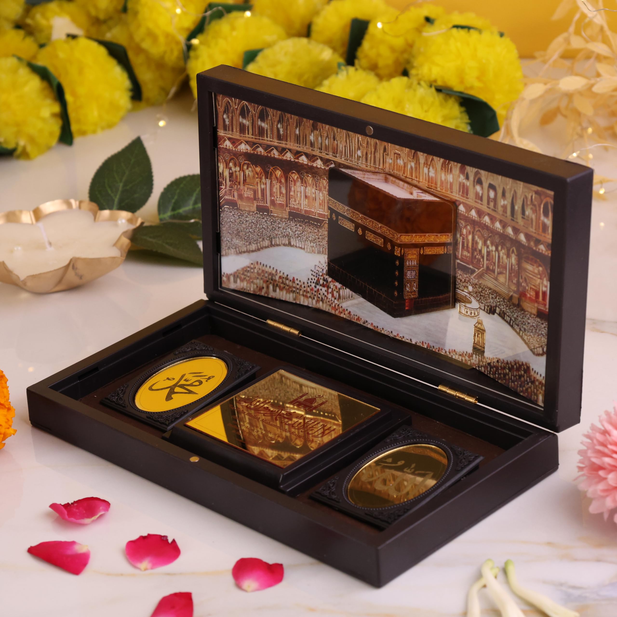 3D Islamic Gift Box with Kaaba Image | Allah Muhammad Gold Plated Calligraphy Frame Set | Premium Wooden Islamic Home Decor & Religious Gift for Eid, Ramadan, Nikah, Housewarming-image-46