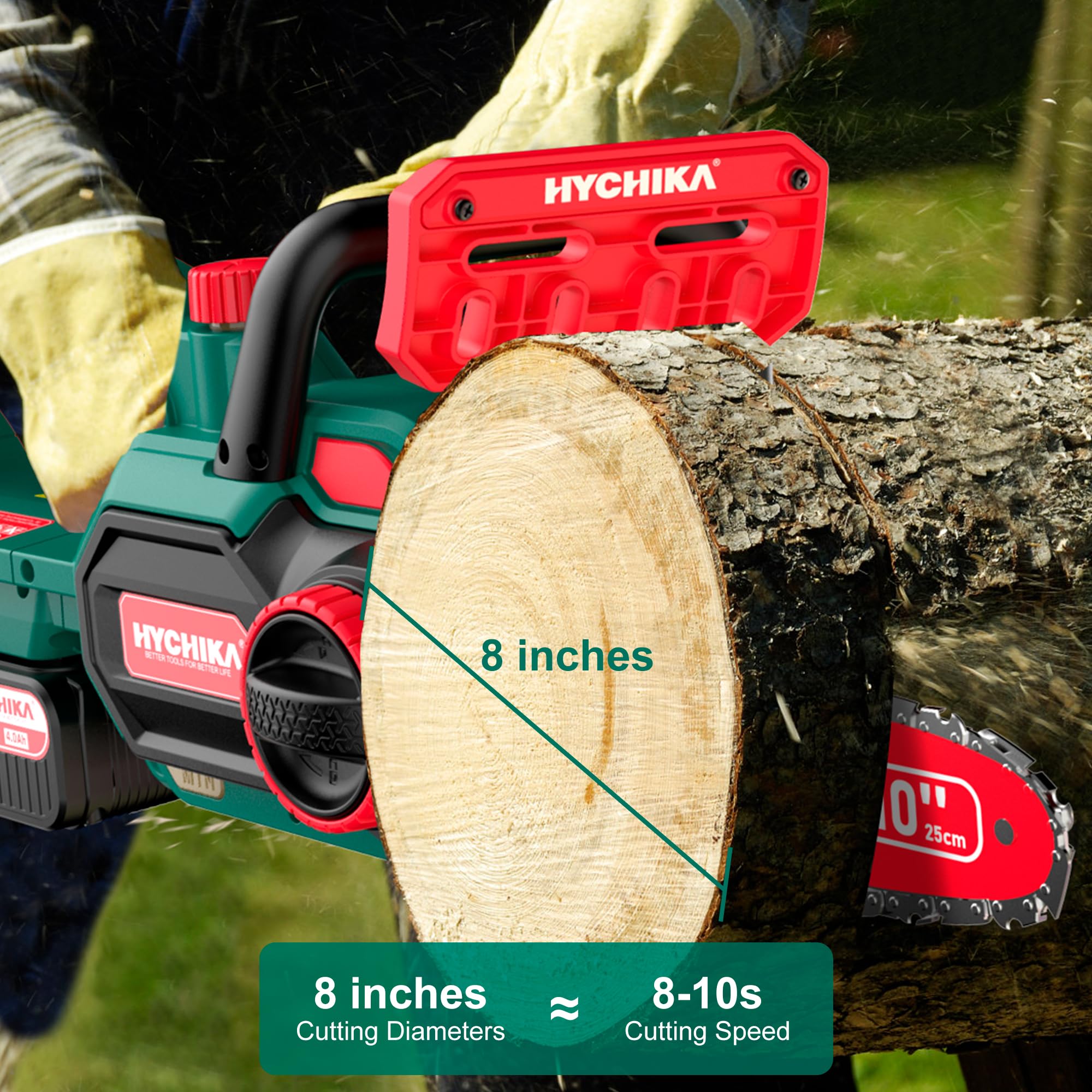 HYCHIKA - Motosierra eléctrica con cadena 3/8 de 10 pulgadas, motosierras inalámbricas de 18 V con batería de 4000 mAh y cargador, sierras eléctricas para cortar madera y árboles, sierra de árbol de