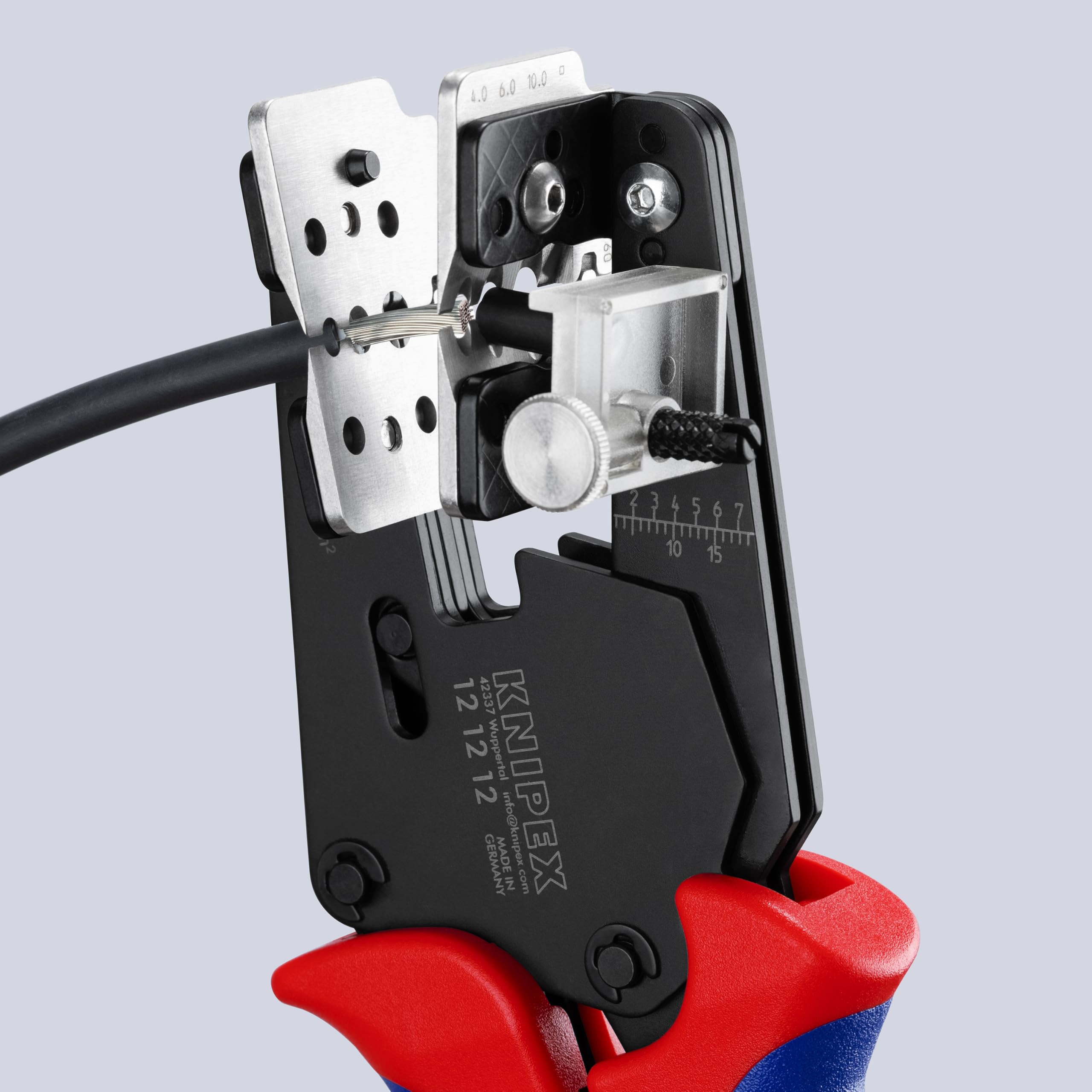 KNIPEX Präzisions-Abisolierzange, für PV-Kabel, 4/6/10 mm², präzise Formmesser, einstellbarer Längenanschlag, Solar-Kabel, 12 12 12