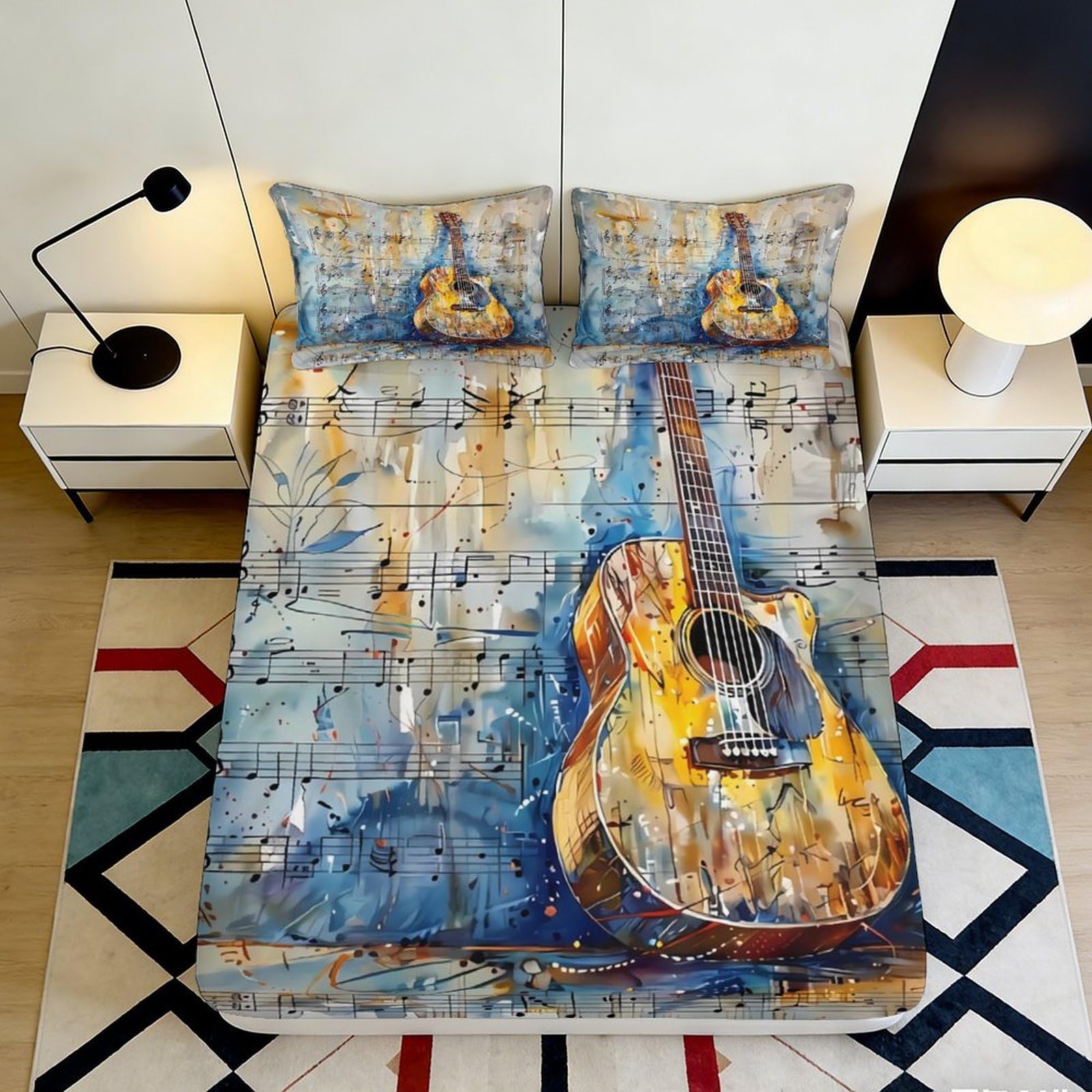 Uynsixtme Style-3 3D Printed Guitar Fitted Sheet Microfiber Deep Pocket Bedroom Bedding Set Guitar Mattress Fitted Cover Non-Slip Breathable Washable 140X200x25cm