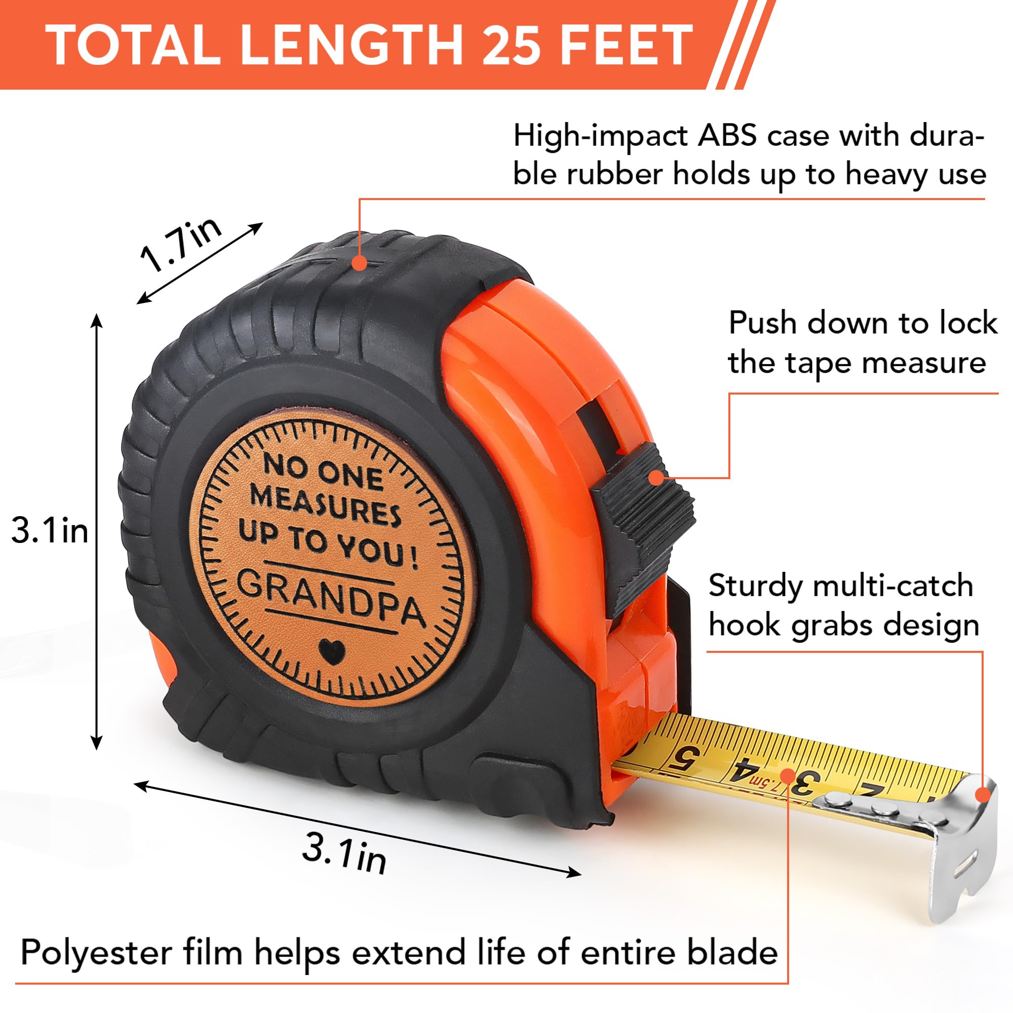 Fathers Day Grandpa Gifts from Grandkids, Birthday Grandpa Grandfather Papa Gifts from Granddaughter Grandson, Granddad Grandparents Day Gift Idea Genuine Leather Engraved 25 FT Tape Measure