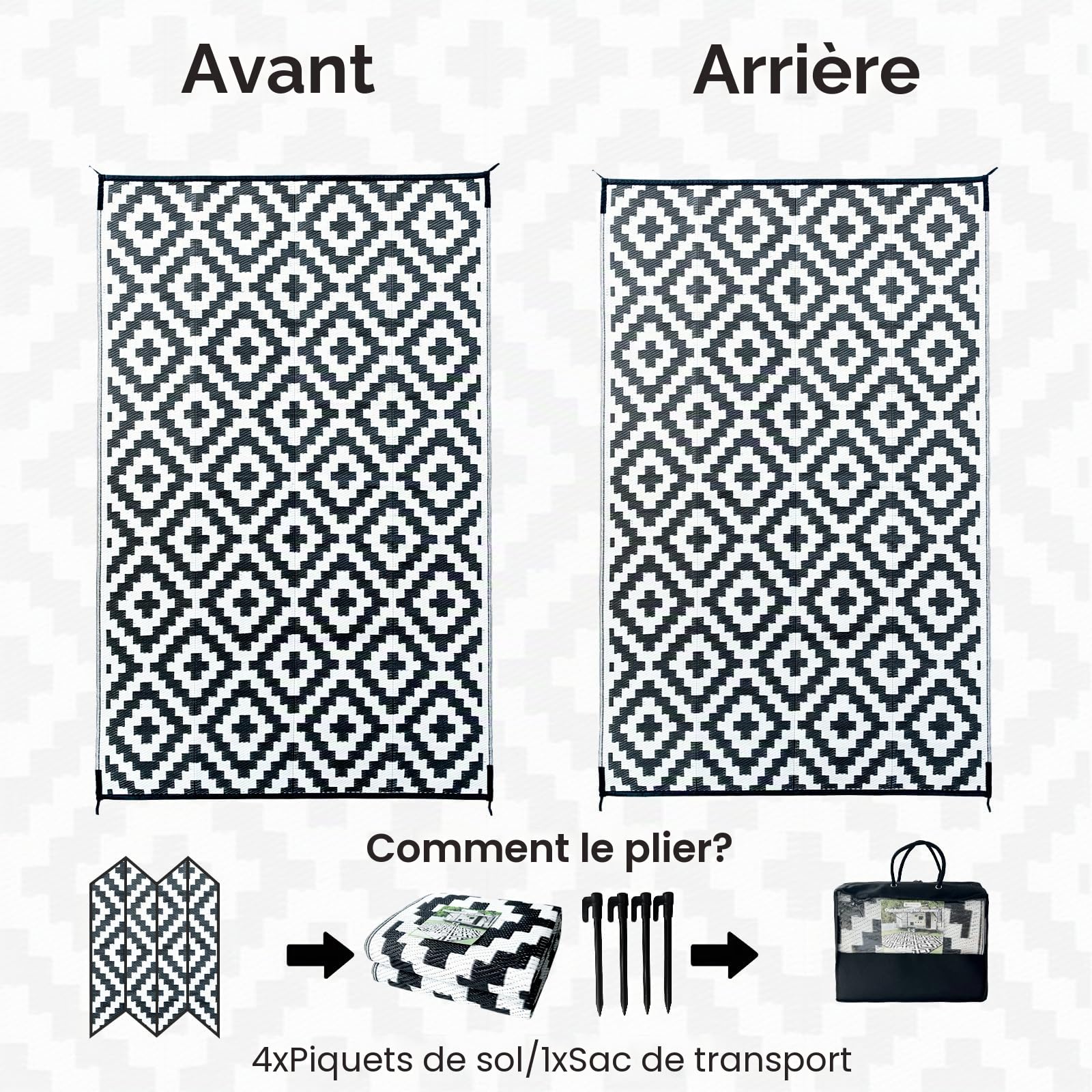 CHOSHOME Tapis pour Extérieur 150X240CM Tapis d'extérieur Robuste Résistant aux intempéries aux UV, pour Balcon, terrasse, Jardin d'hiver, Cuisine ou Salle à Manger Tapis réversible Noir