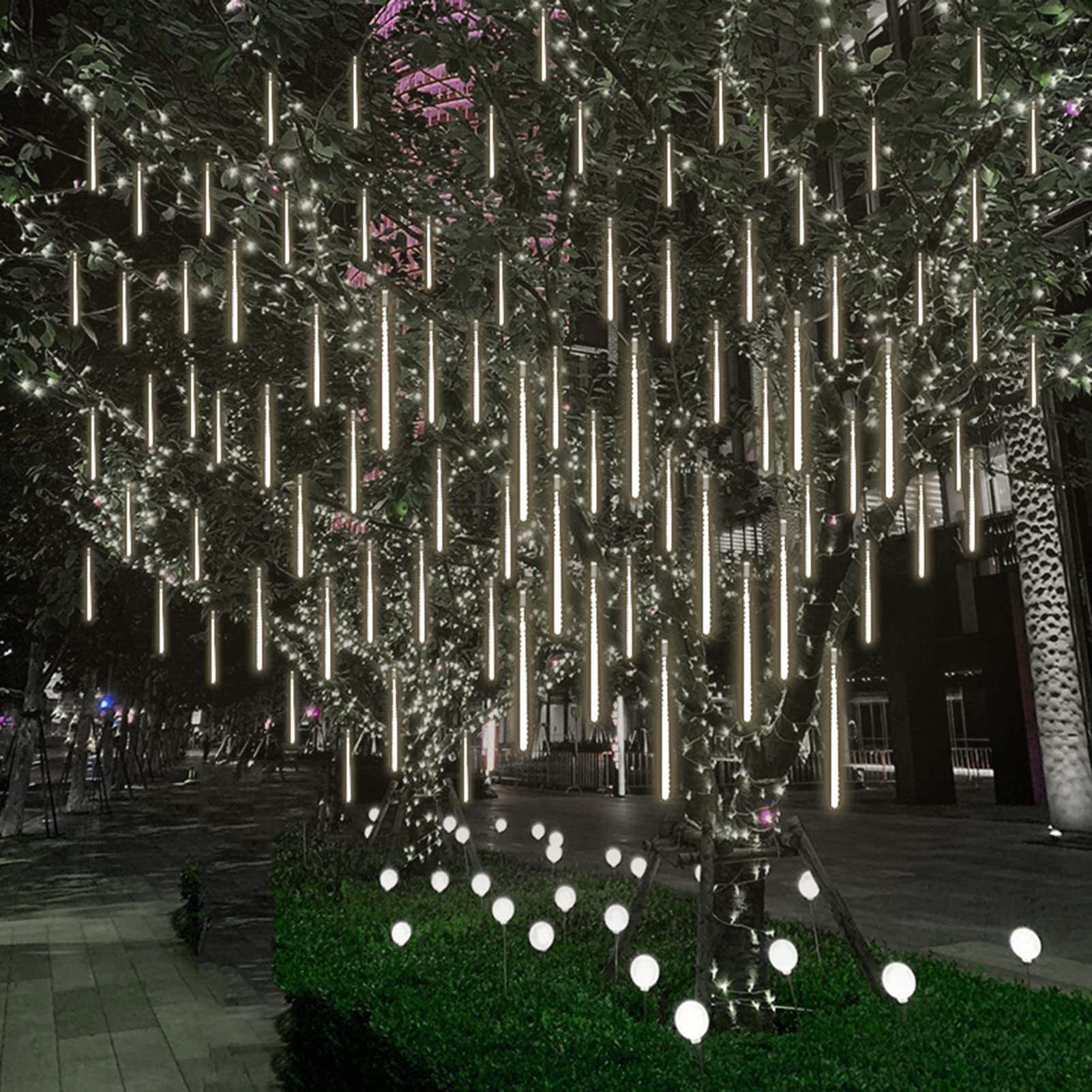 SCOZIA Cadena luminosa LED nieve caída 80 cm 8 tubos 576 LED Cascada luz Navidad caída nevada luces para boda al aire libre jardín árbol decoración para el hogar, blanco