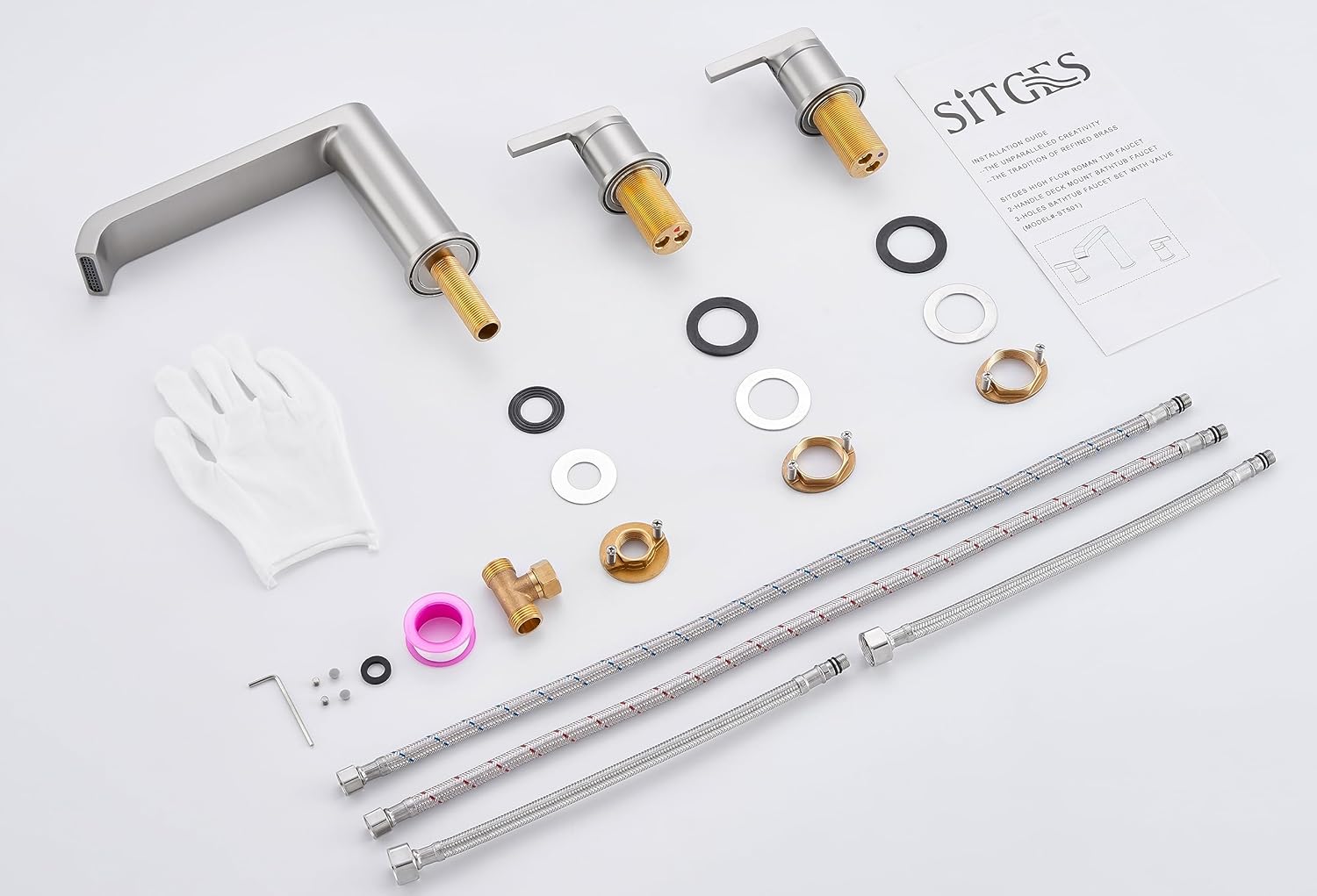 SITGES Brushed Nickel Roman Tub Faucet, Solid Brass 3-Hole Deck Mount with Medium-Height Spout, Dual Handles, Heavy-Duty Construction & cUPC Certified Supply Lines