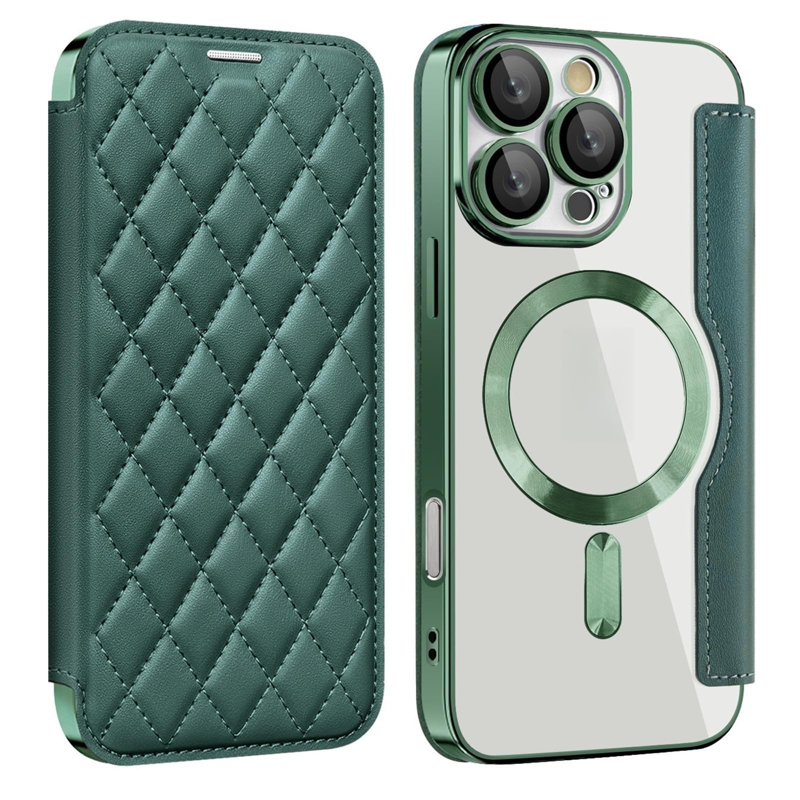 Étui portefeuille iPhone 16 Pro en cuir PU matelassé vert et dos transparent premium - 8