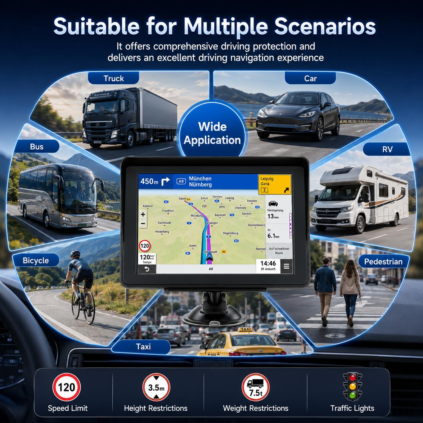 7" Navigationsgerät für Auto & LKW, Radarwarner, Kartenupdate | LKW-Routen zur Brückenvermeidung; 12 GPS-Kanäle für starkes Signal; Radarwarner; 7" HD-Display; Inklusive Anleitung