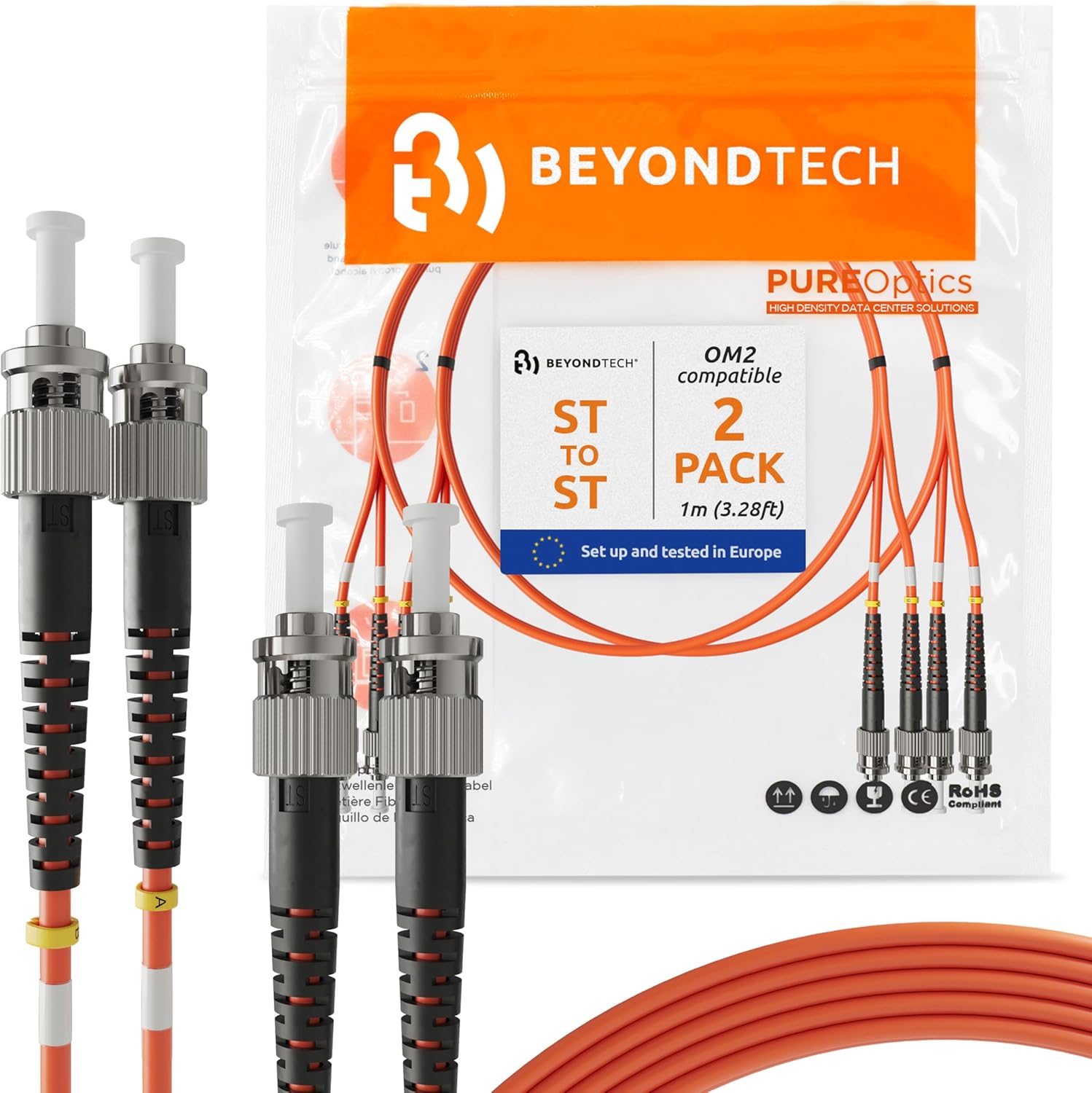 BEYONDTECH 1m (3.28ft) ST to ST Fiber Patch Cable – (2-Pack) UPC Multimode Duplex Fiber Optic Cable – 50/125µm core, Compatible with OM2 – LSZH PUREOptics Series
