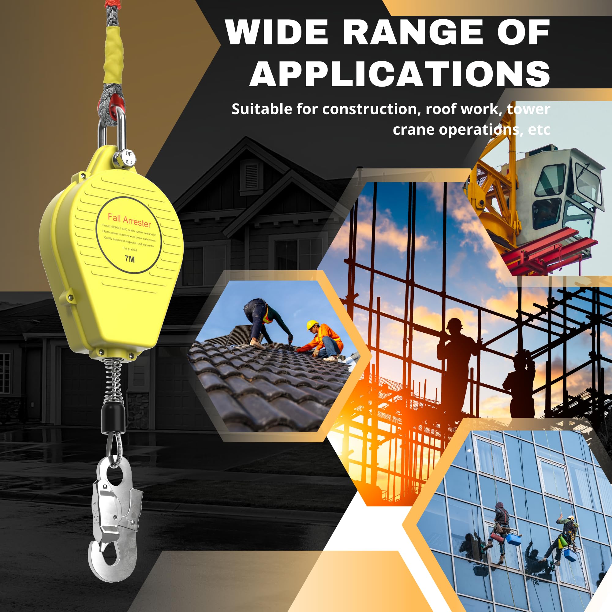 WQV 23ft Self Retracting Lifeline, 330LBS Fall Arrest Fall Protection, Heavy Duty Retractable Safety Lanyard Rope Aluminum Alloy Lifeline Self Locking Hooks for Construction Roofing Tower Crane