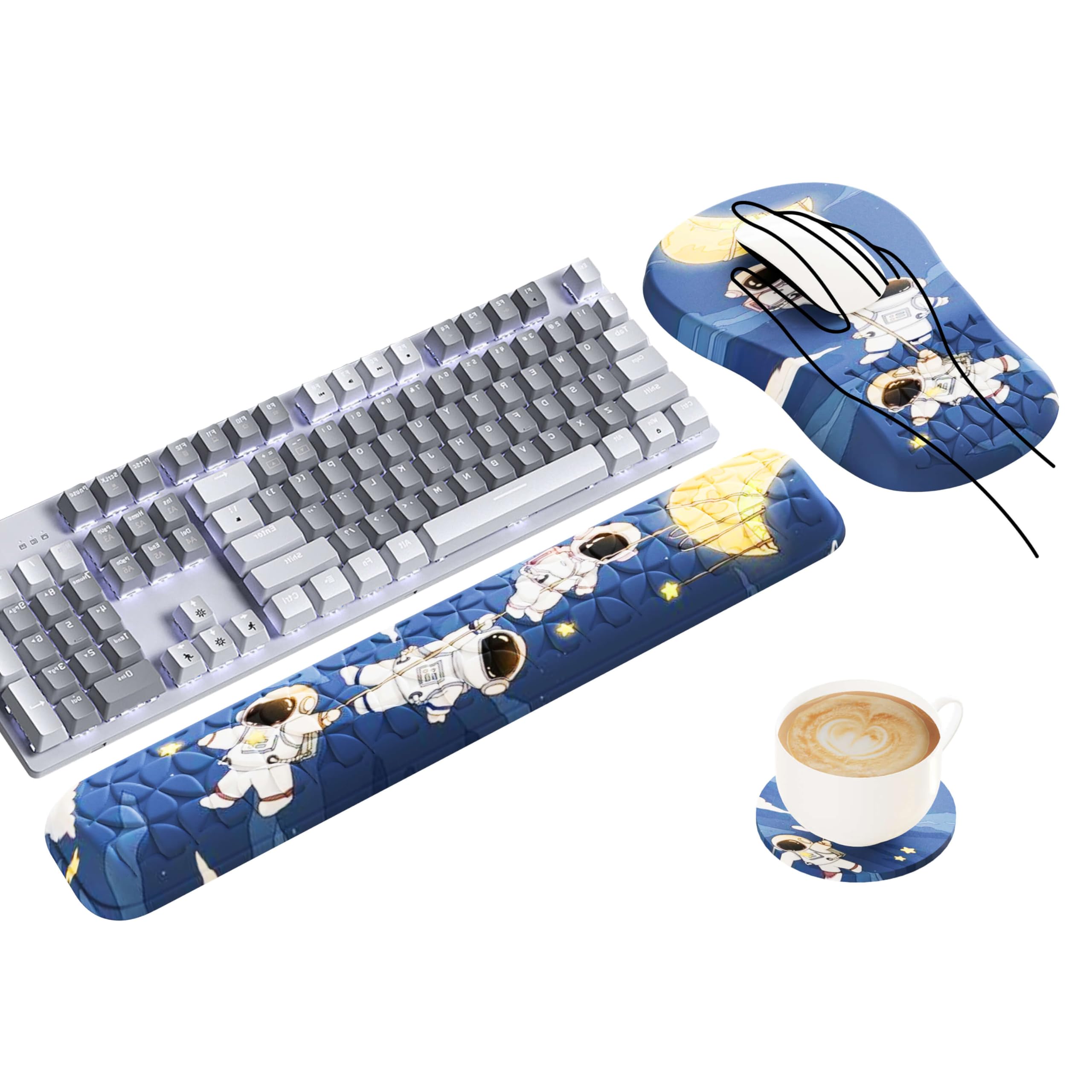 Mekass Set 3 in 1 con tappetino per mouse ergonomico e poggiapolsi per tastiera, in memory foam super morbido, supporto per il polso per tastiera del computer, braccioli antiscivolo per digitare