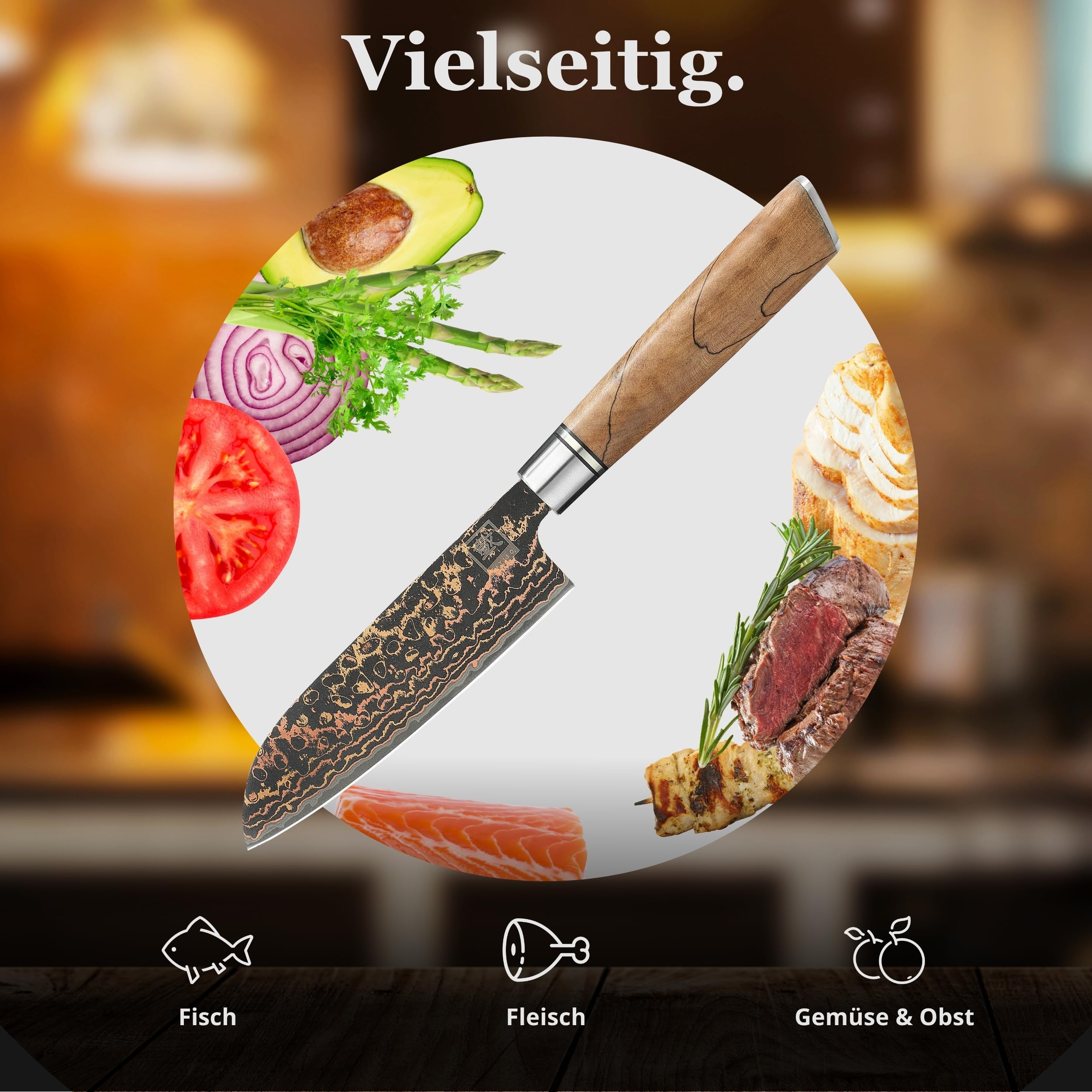 zayiko BlackMagma Damastmesser Santoku 12 cm, Damaststahl, Ahornholzgriff | 33 Lagen mit VG10 Stahlkern, Kupfer-Bronze-Einlage, dunkles Klingenfinish, 15° V-Schliff beidseitig, 60 ± 2 HRC, Geschenkbox.