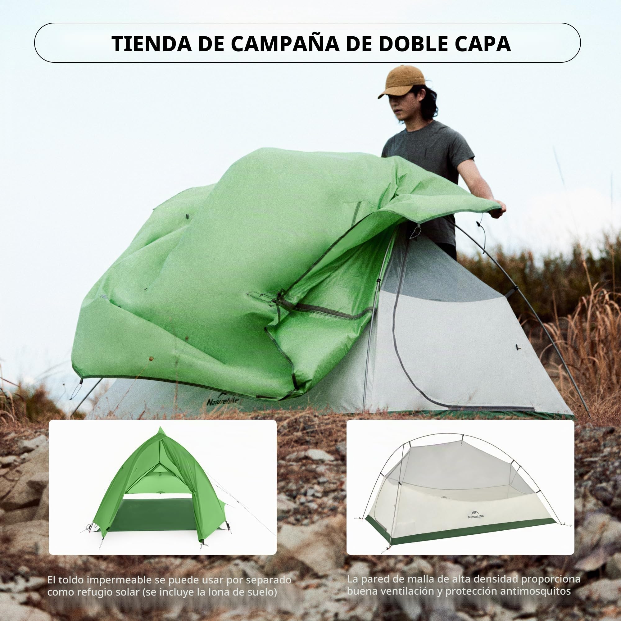 Naturehike Cloud Up Pro Tienda de campaña ligera para 2 personas, fácil montaje, resistente al viento e impermeable, para viajes al aire libre, trekking