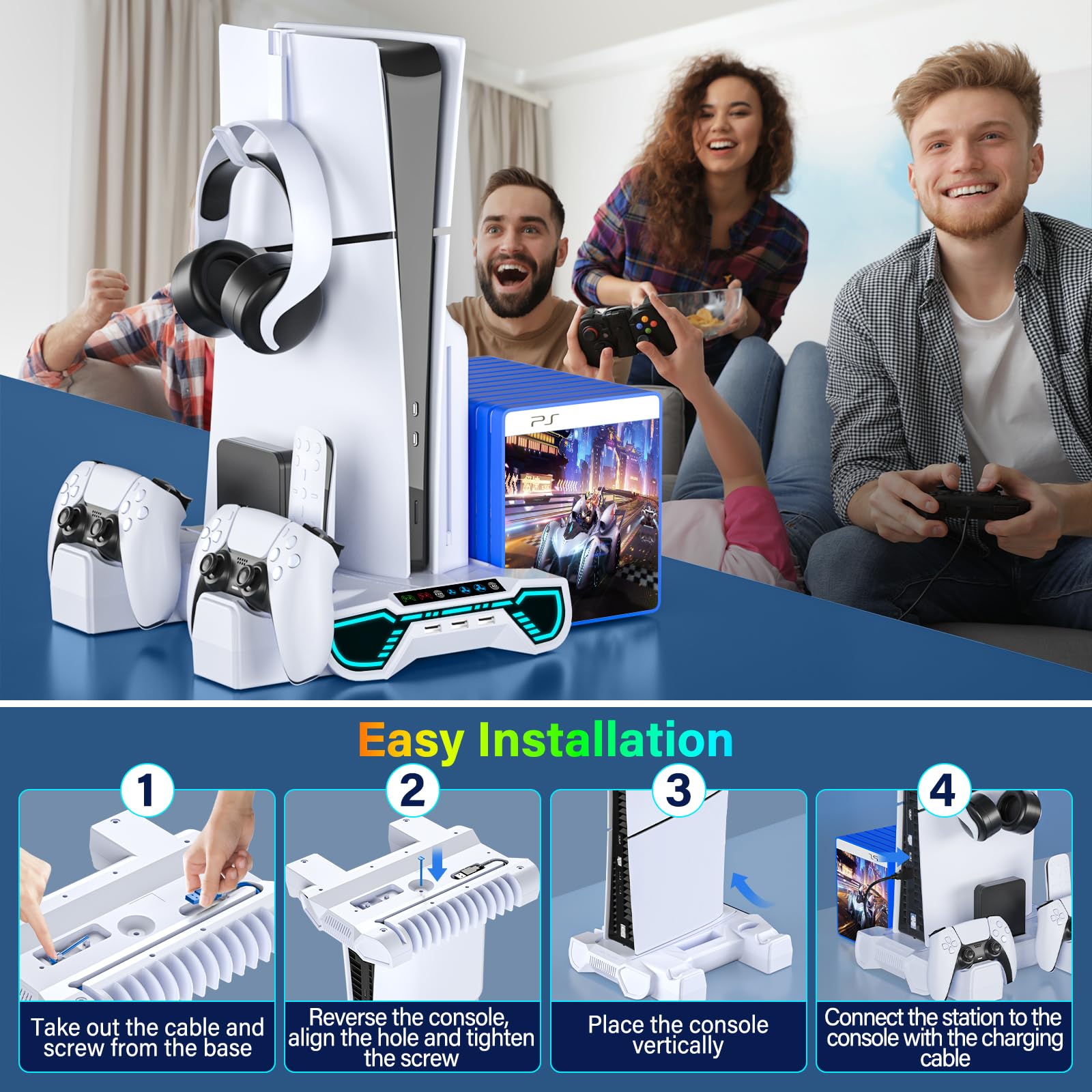 ZRZLMVP PS5/Slim/Pro Controller Stazione di ricarica per console PlayStation 5 Disc/Digital, accessori PS5 con luce RGB, stazione di ricarica del controller, 3 hub USB, bianco