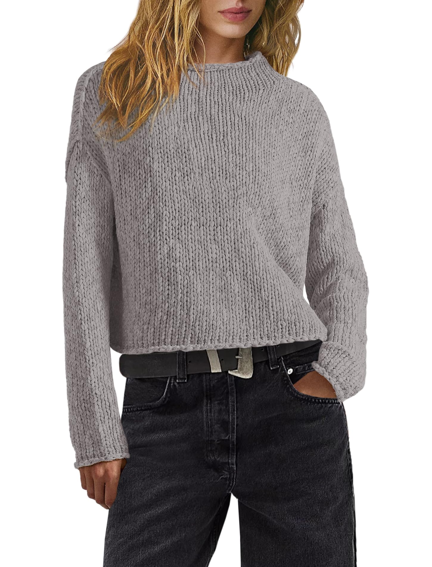 Photo 1 of (small) Panadila Womens Mock Neck Cropped Sweater Oversized Chunky Knit Pullover Sweaters Fall Long Sleeve Sweater Tops(Grey,S)