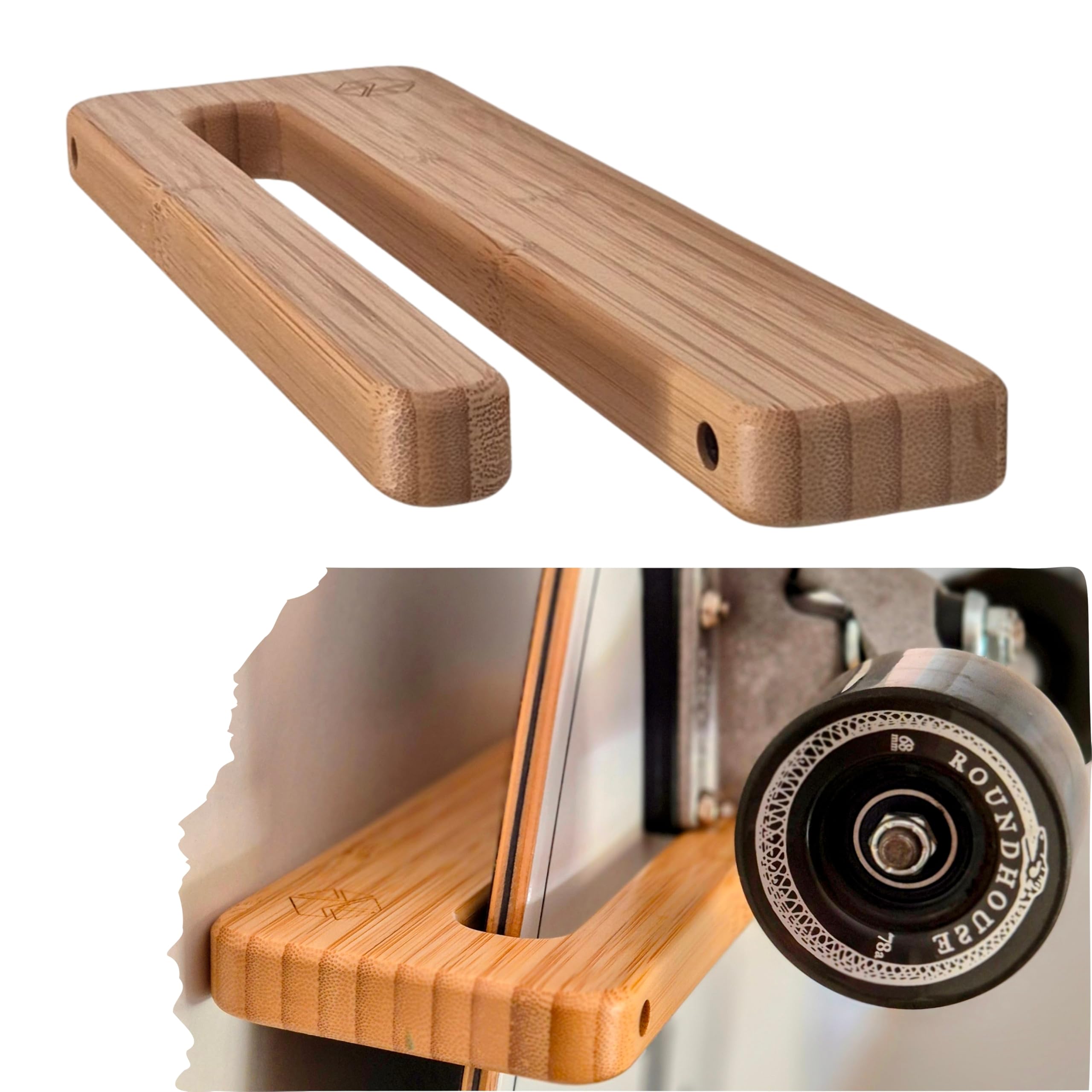 Supporto verticale per skateboard in legno di bambù, design moderno e robusto, gancio da parete per skateboard, supporto longboard da parete, progettato in Europa.