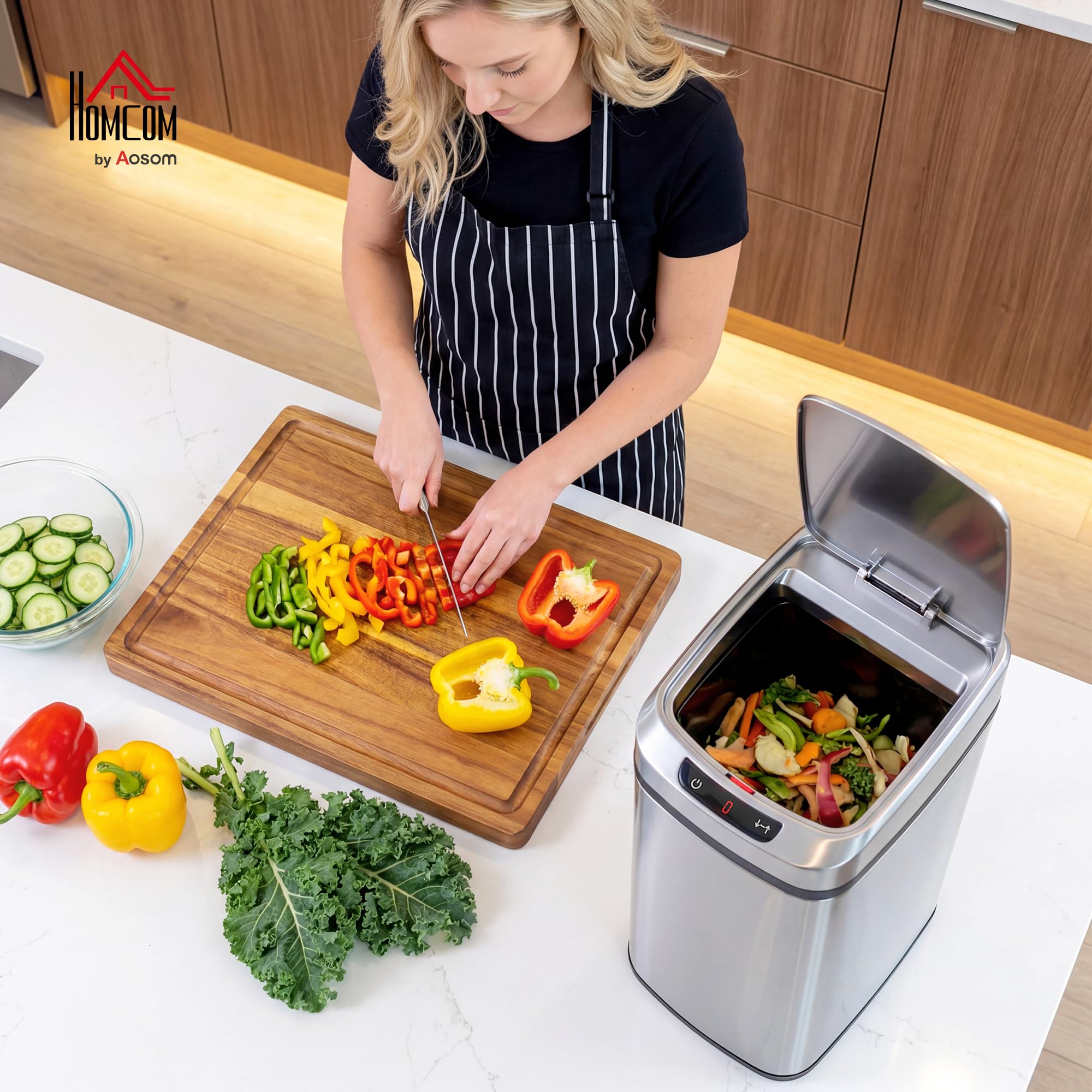 HOMCOM Poubelle de cuisine automatique 12 L en acier inoxydable, poubelle à capteur de mouvement sans contact avec couvercle, anti-traces de doigts, pour maison, salon, bureau, argent