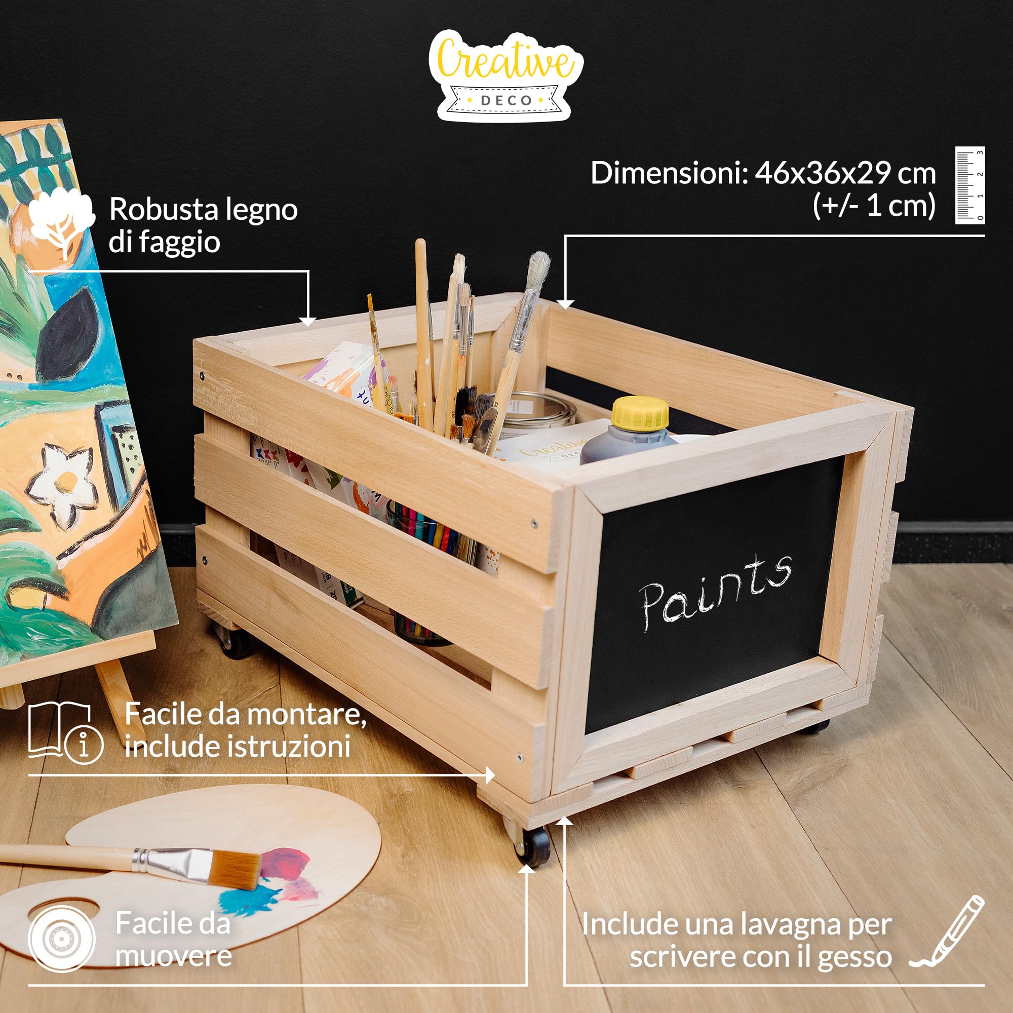 Creative Deco Porta Vinili con Lavagna e Ruote, 46 x 36 x 29 cm | In legno di faggio, con lavagna e ruote, capacità fino a 80 dischi, contenitore da terra