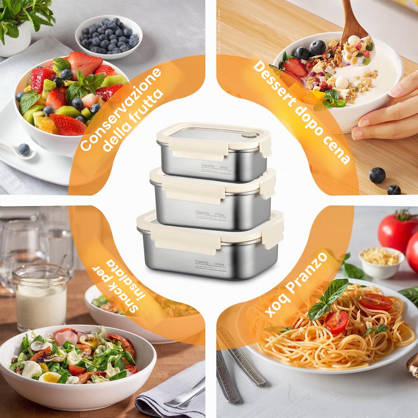 PORFOYO Set di 3 contenitori salvafreschezza con coperchio, 800 ml/1150 ml/1400 ml, in acciaio inox con coperchio trasparente, ermetici e a prova di perdite
