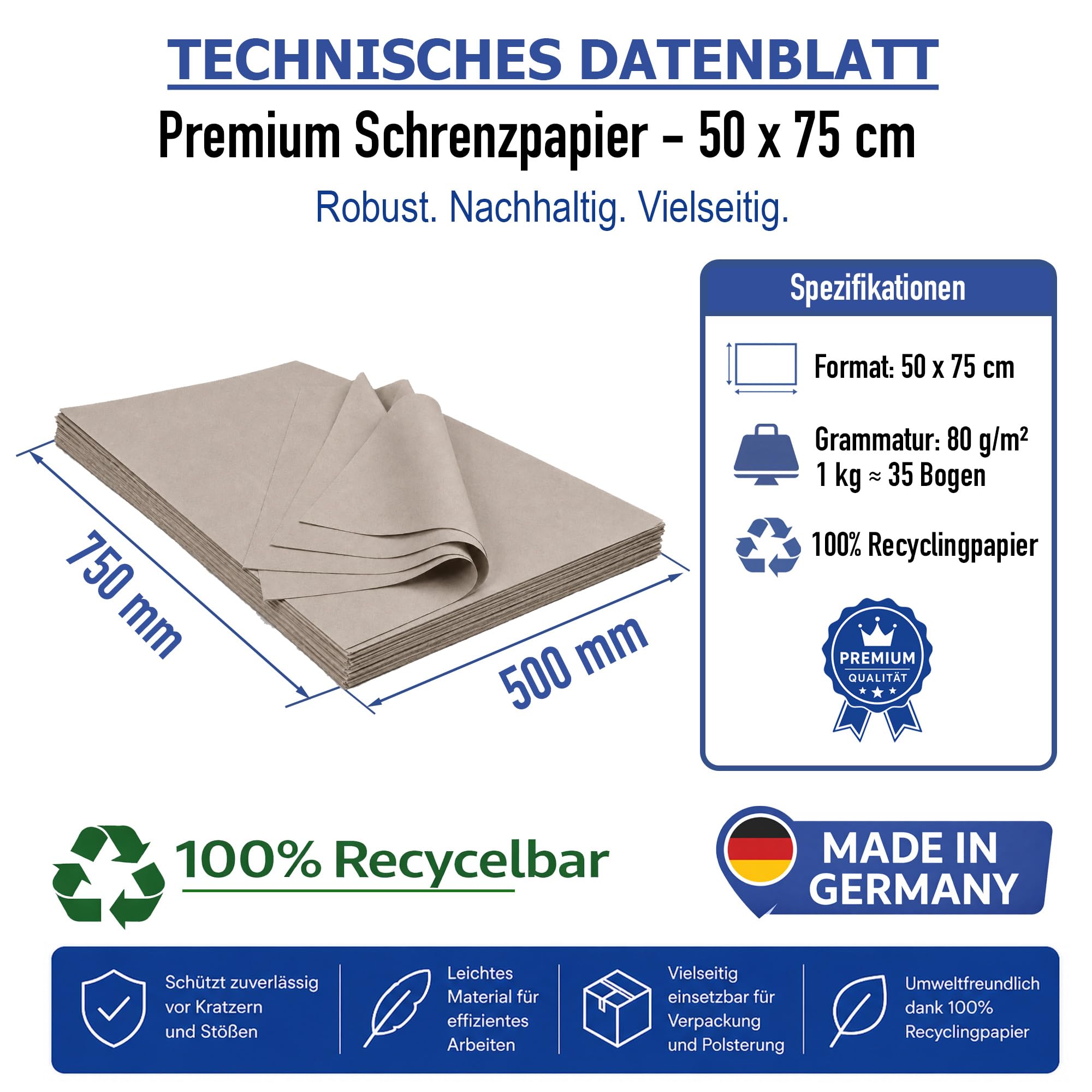 Schrenzpapier Packpapier 50x75cm 80g/m² Bogen für Umzug & Versand 25kg ca. 1625 Blatt - Einschlagpapier & Verpackungsmaterial - 100% Recycling