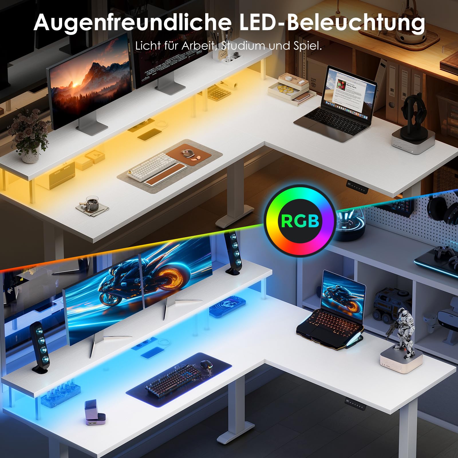 OffiGo Schreibtisch Höhenverstellbar, 150x120cm Eckschreibtisch Höhenverstellbar mit Monitorhalterung, Elektrisch Schreibtisch L Form mit Steckdosen, Computertisch mit LED Lichtleiste für Büro, Weiß