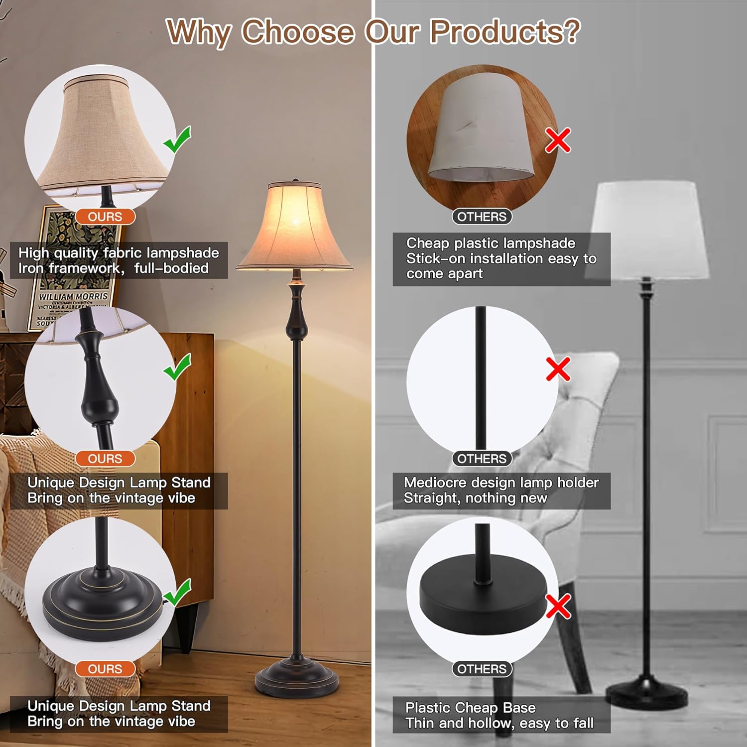 3-Piece Lamp Set (Table & Floor), Black Finish Vintage Brown Fabric Shades for Bedroom