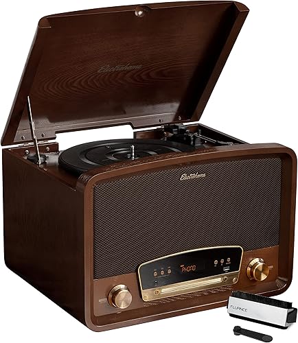 Electrohome Kingston - Tocadiscos de vinilo vintage 7 en 1, tocadiscos de 3 velocidades, Bluetooth, radio AMFM, CD auxiliar en RCAsalida de