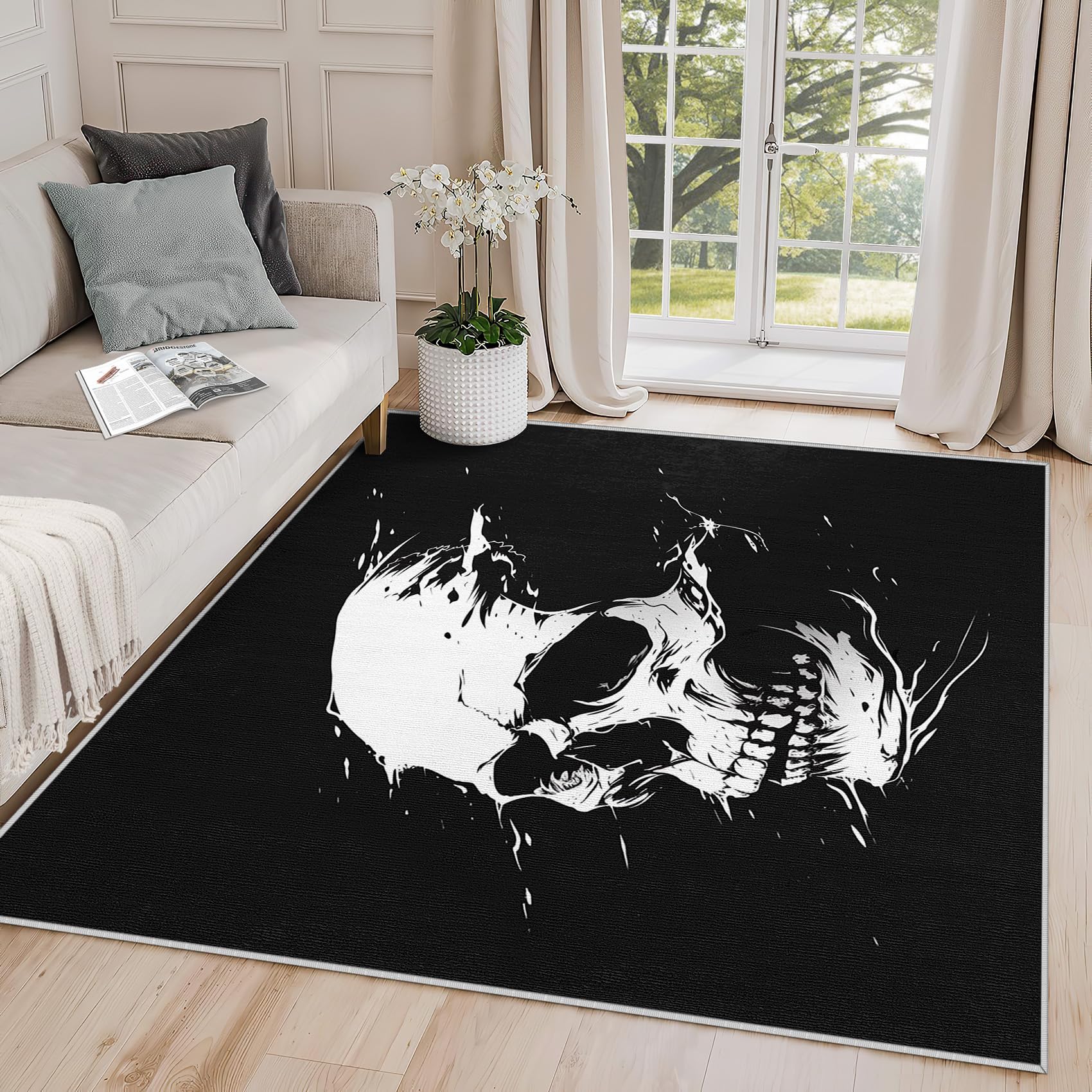 Yoozitrees Gothic Rugs for Entryway - Skull Rug, 2x3 Rug, Gothic White Skeleton Area Rug, Goth Scary Black Door Mat, Washable & Non Slip & Soft Small
