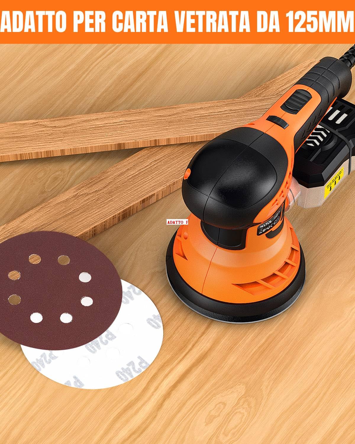 MYTOL 350W Levigatrice orbitale,7 velocità variabili,14 pezzi di carta vetrata(2 vetrata senza polvere)e raccoglitore di polvere,6000-13000U/min,125MM Levigatrice per Legno per la levigatura del legno