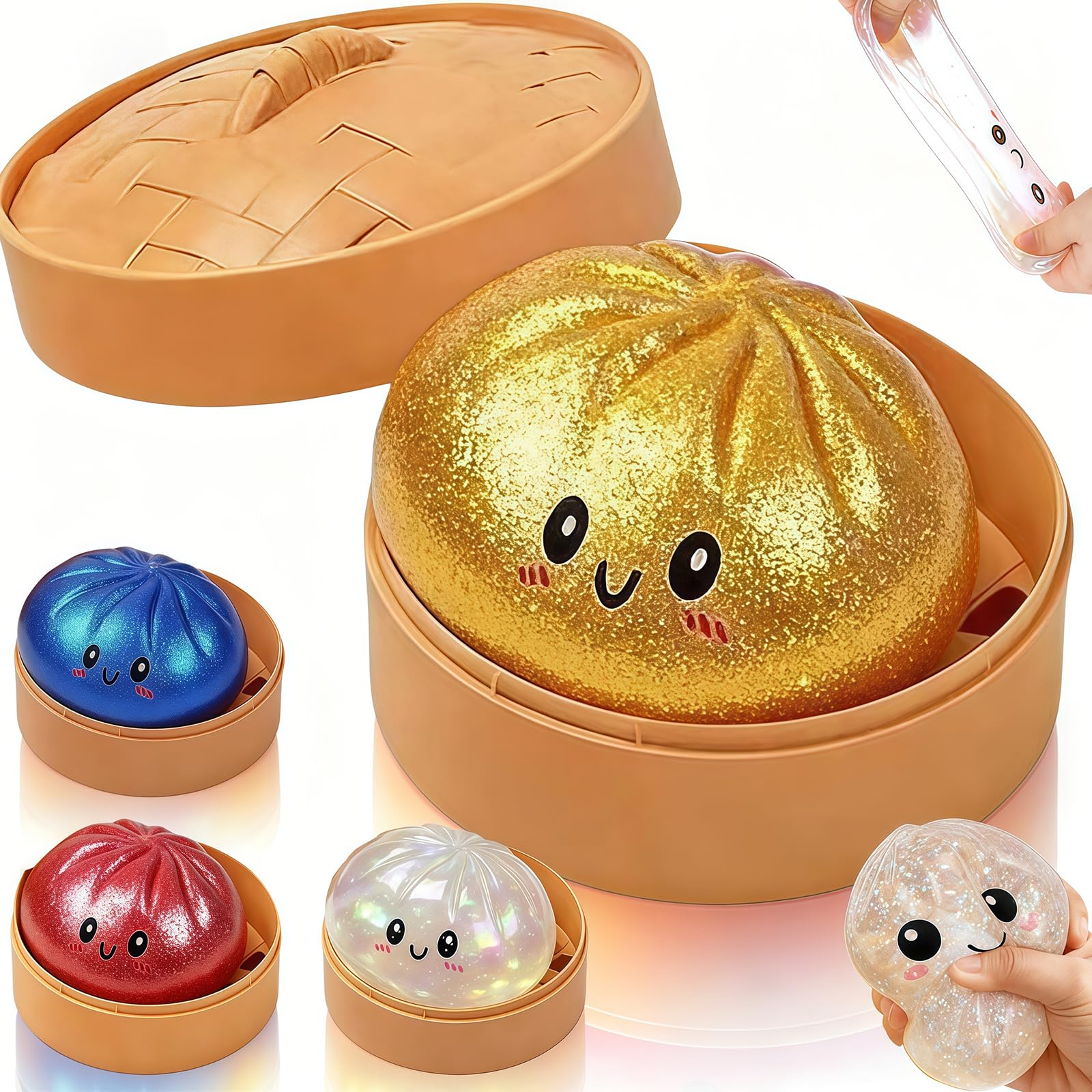 Oversized Dumpling Squishies Sensory Stress Ball, Giant Glitter Dough with Plastic Steamer Box for Stress Relief, Calm & Relaxation - Shiny Gold