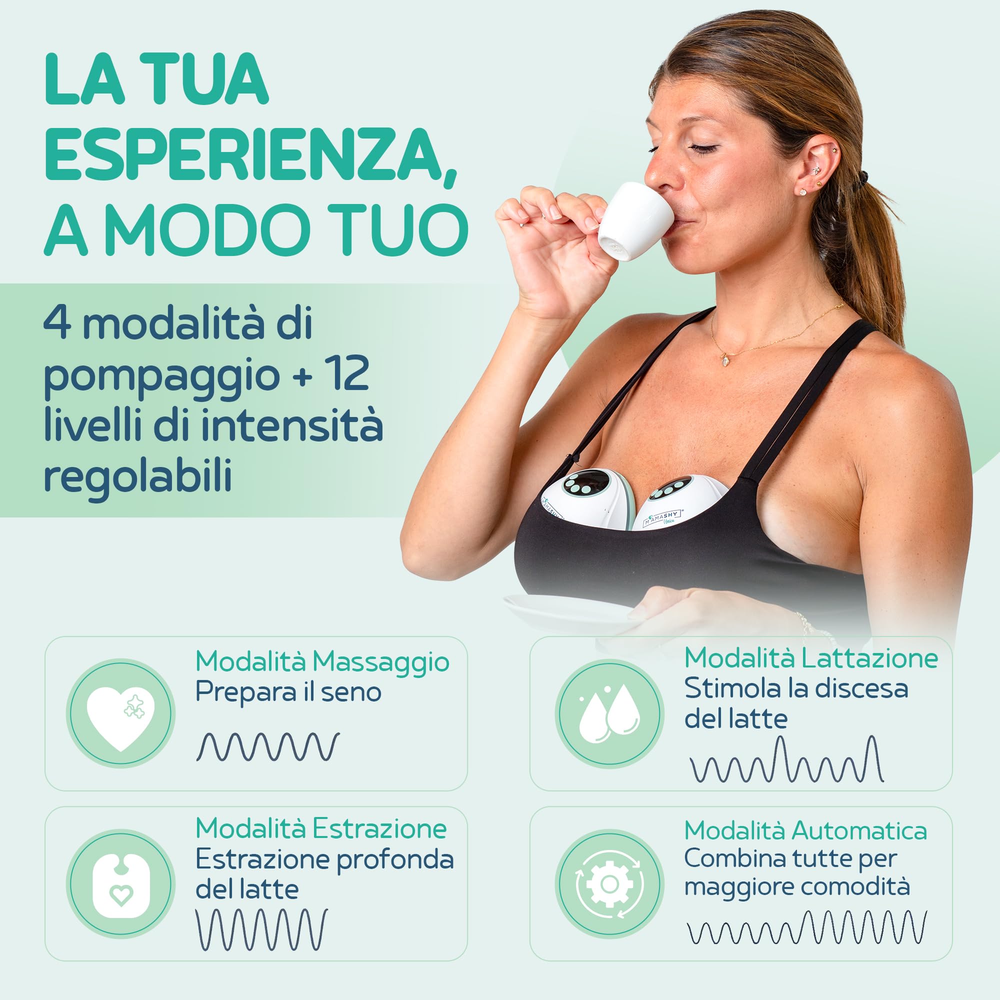 MAMASHY Unica- Tiralatte Elettrico Indossabile e Guida Vocale IT, Tira Latte Neonati Silenzioso Portatile Adattabile 6TG, Neonato Accessori Utili Antispreco, Funzione Memoria, 12 Intensità, 4 Modalità