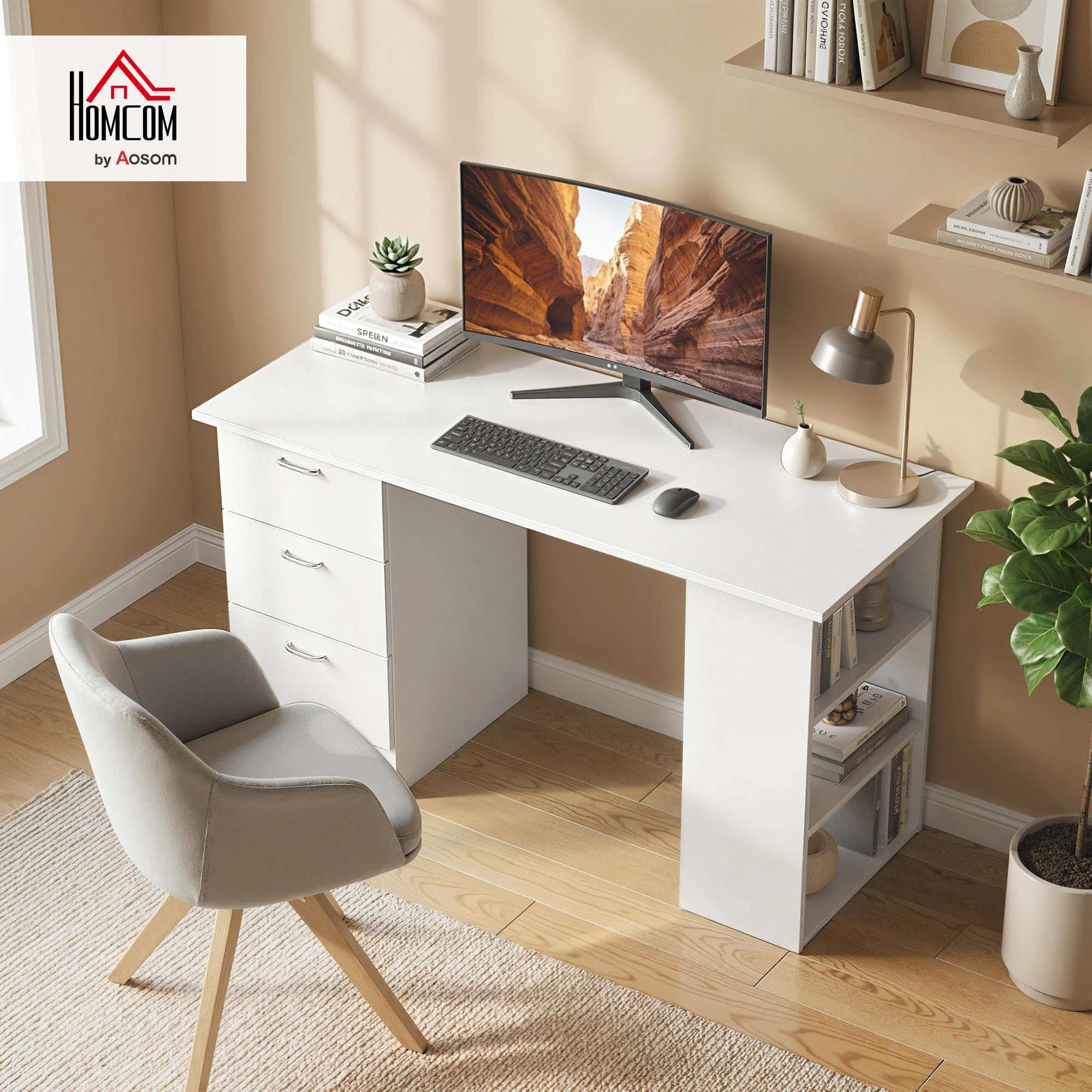 HOMCOM Scrivania Porta PC con 3 Cassetti e 3 Ripiani, Scrivania per Camera e Ufficio in Legno 120x49x72cm Bianco