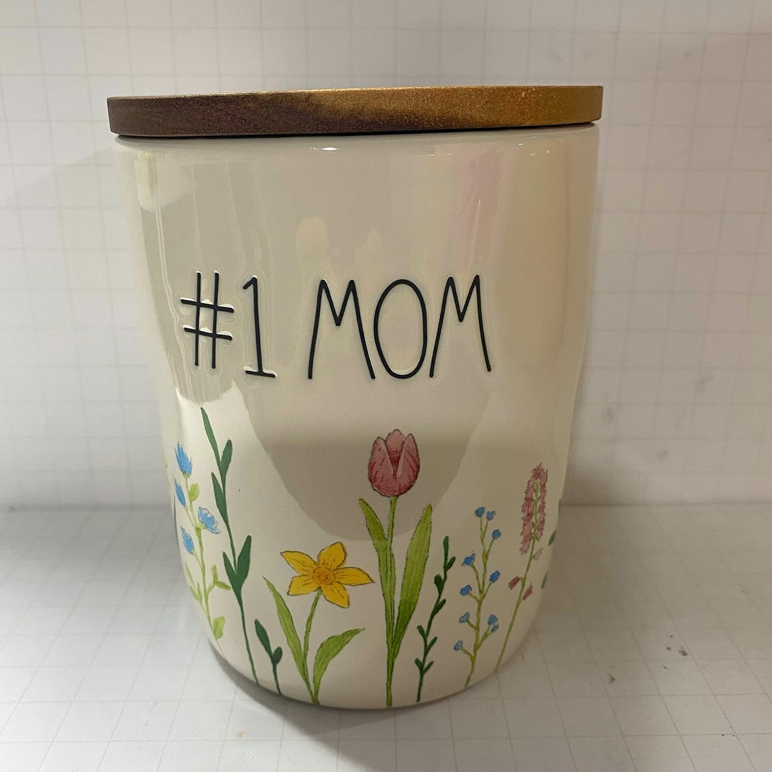 Rae Dunn # 1 MOM Cellar with spring flowers and wooden lid - CERAMIC