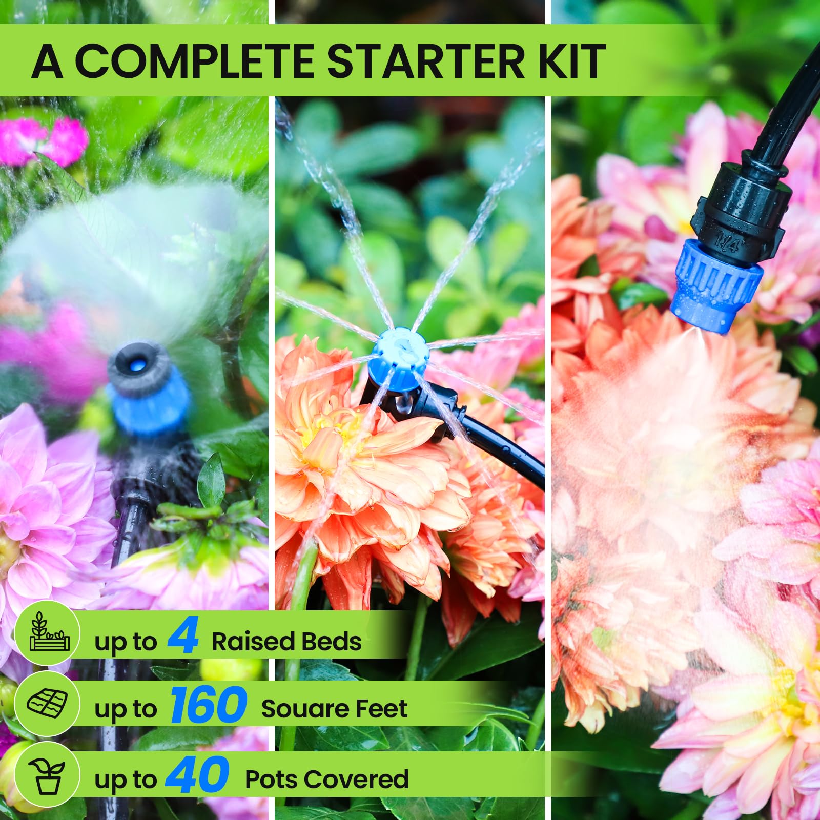Bonviee Sistema di irrigazione a goccia da 60 m, kit di irrigazione automatica da giardino con tubo a goccia da 15 m e 1,6 cm e 1/4", raccordi rapidi da collegare, emettitori di gocciolamento