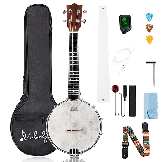 Mulucky 4-String Banjo Ukulele | Banjolele 23" Sapele Wood with Remo Head & Nylon Strings | Dark Brown Travel Kit (Bag, Tuner, Picks), MBU-803