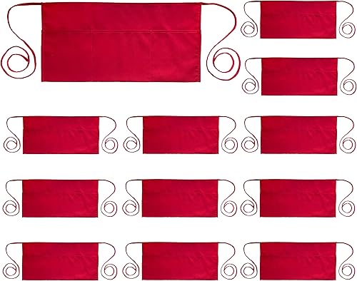 PLOYMONO Delantal de cintura con 3 bolsillos, paquete de 12 delantales de poliéster hilado para mujeres y hombres, delantal corto de longitud media,